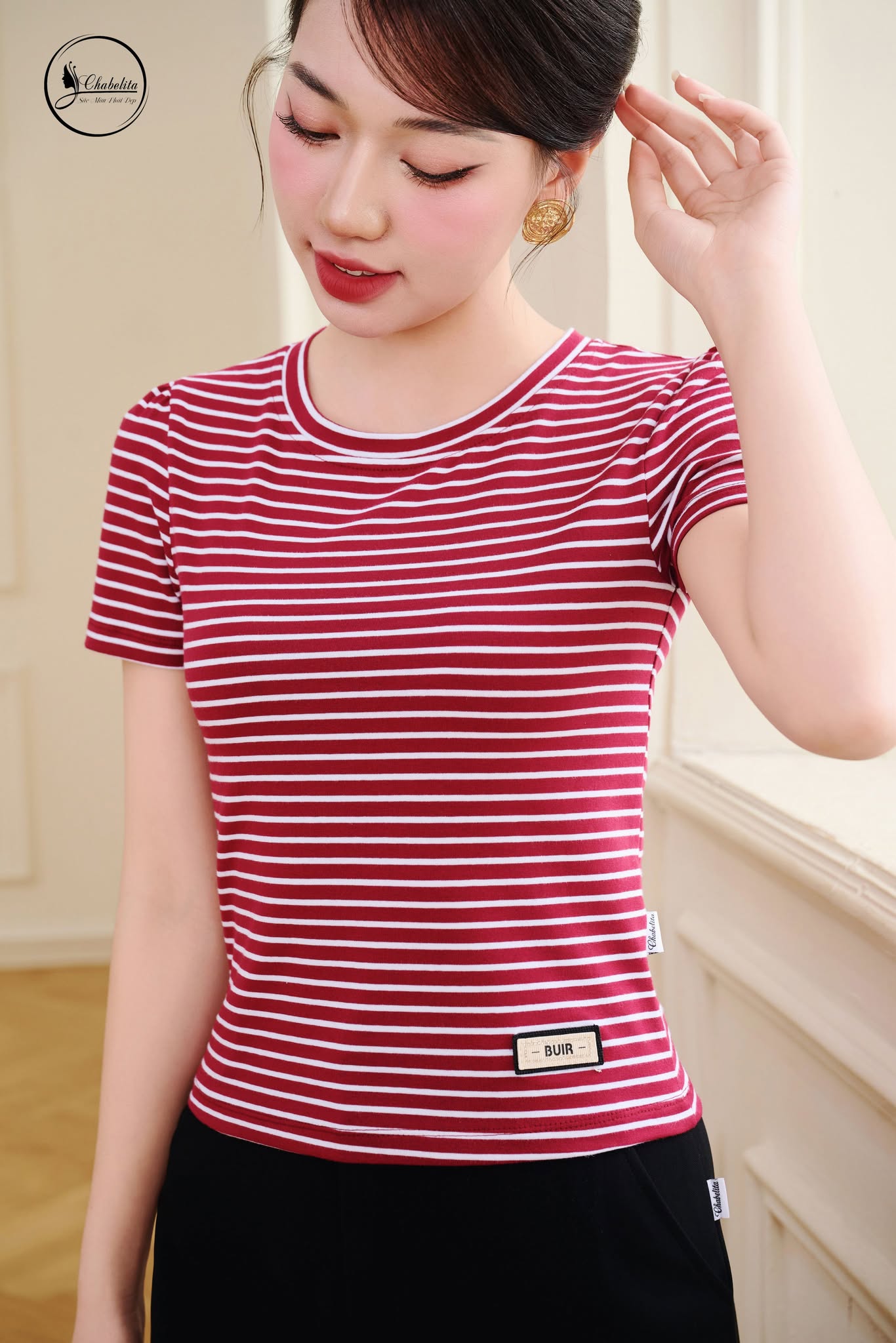 Áo cotton croptop kẻ đỏ