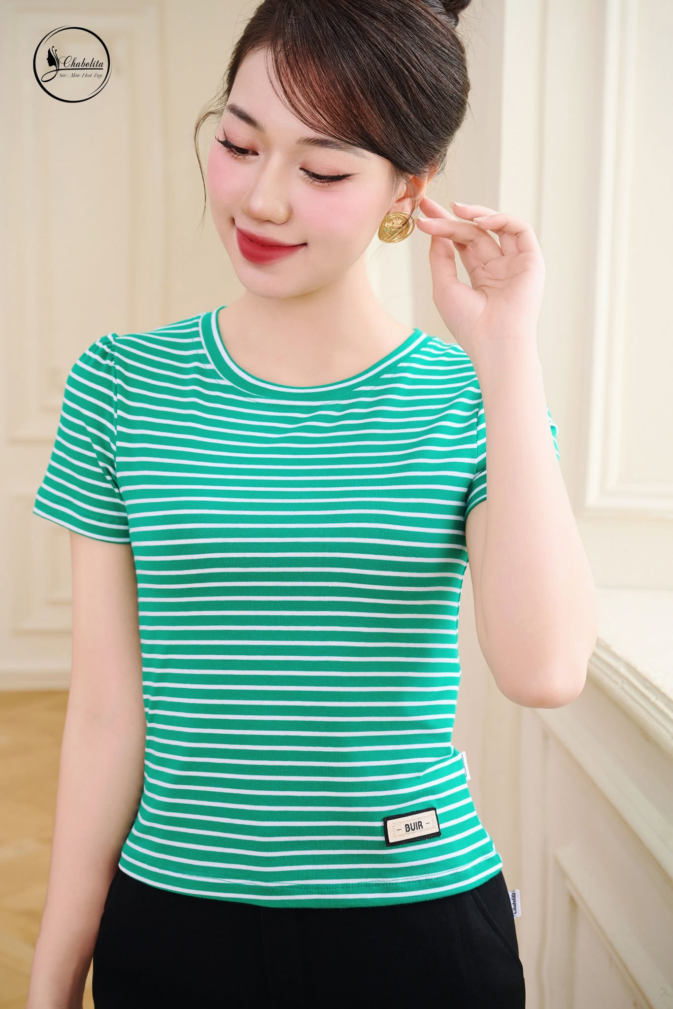 Áo cotton croptop kẻ xanh