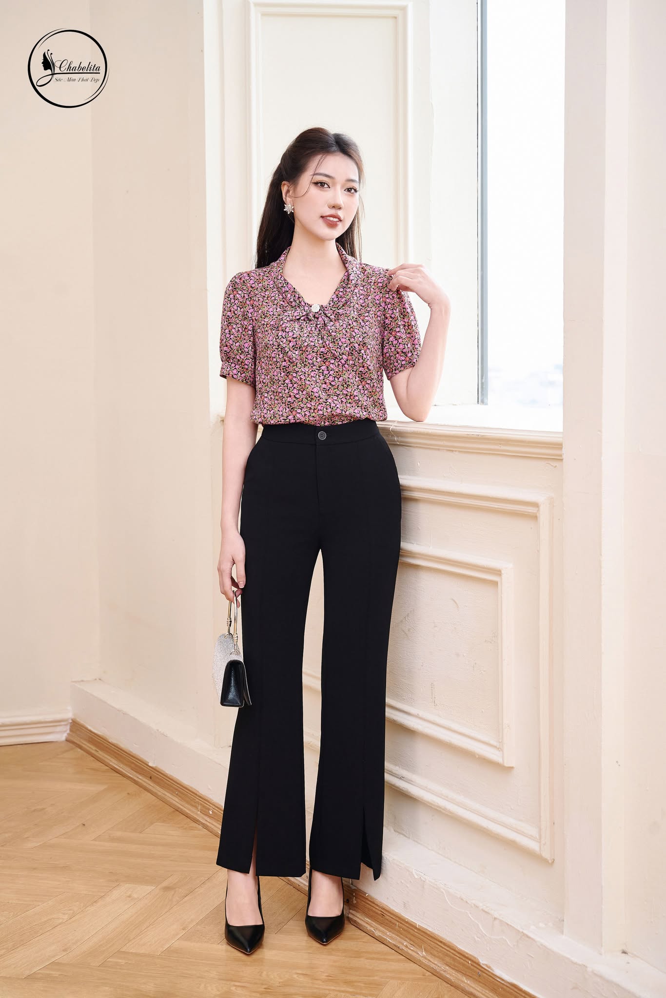 Áo sơ mi hoa tay lỡ màu tím