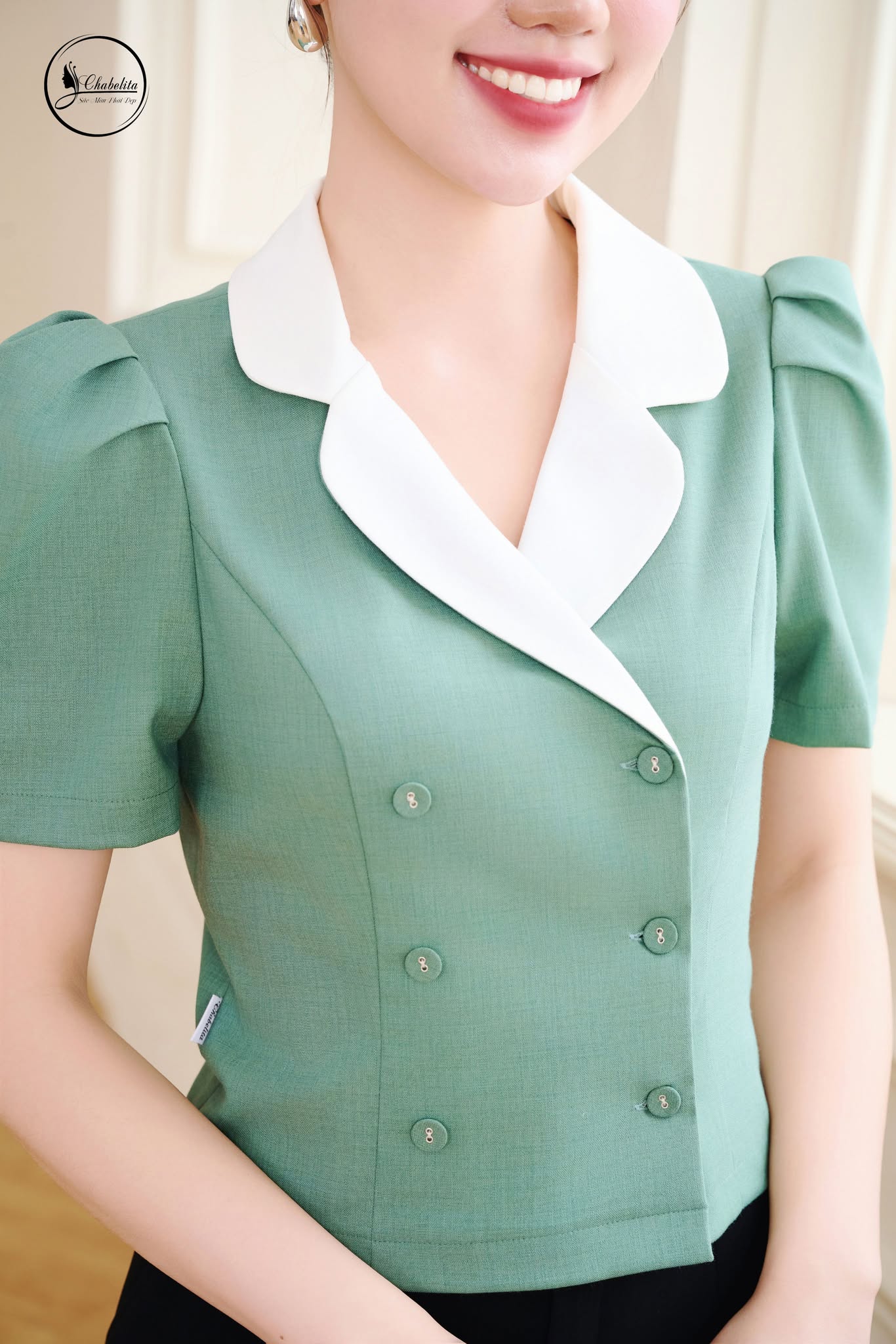 Áo phối cổ màu xanh