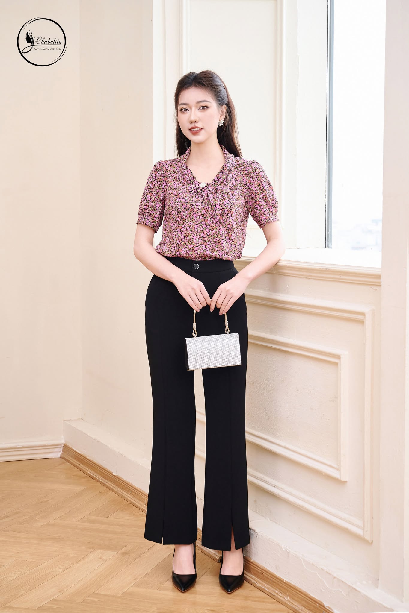 Áo sơ mi hoa tay lỡ màu tím