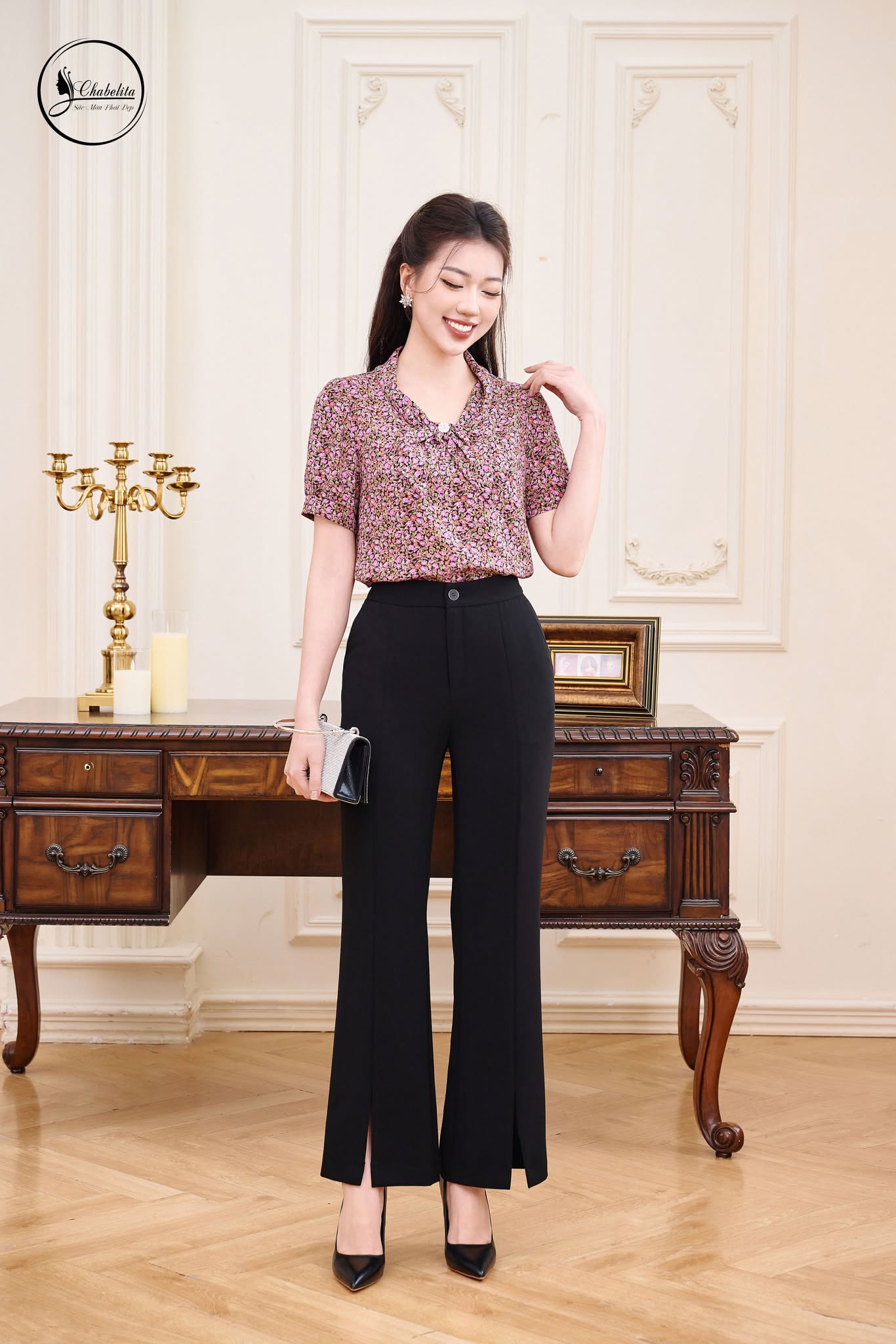 Áo sơ mi hoa tay lỡ màu tím