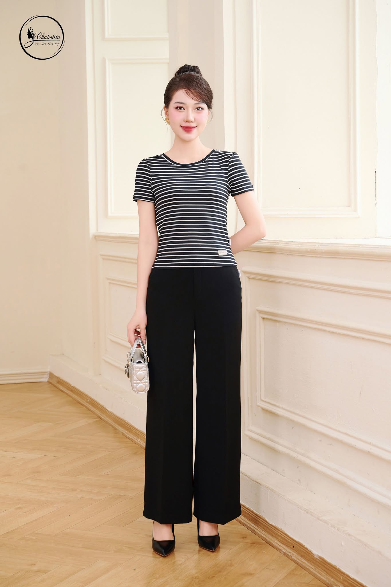 Áo cotton croptop kẻ đen