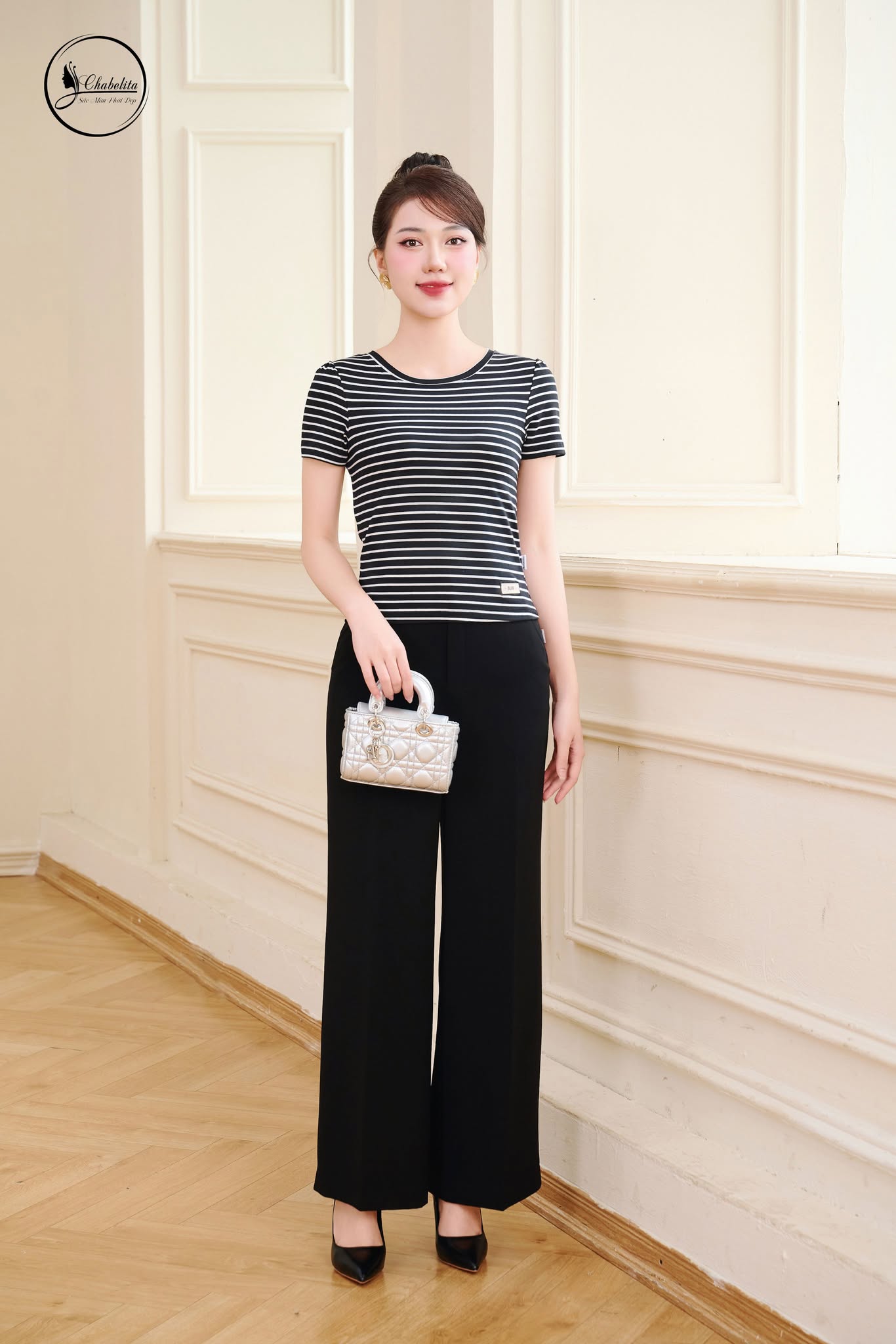 Áo cotton croptop kẻ đen