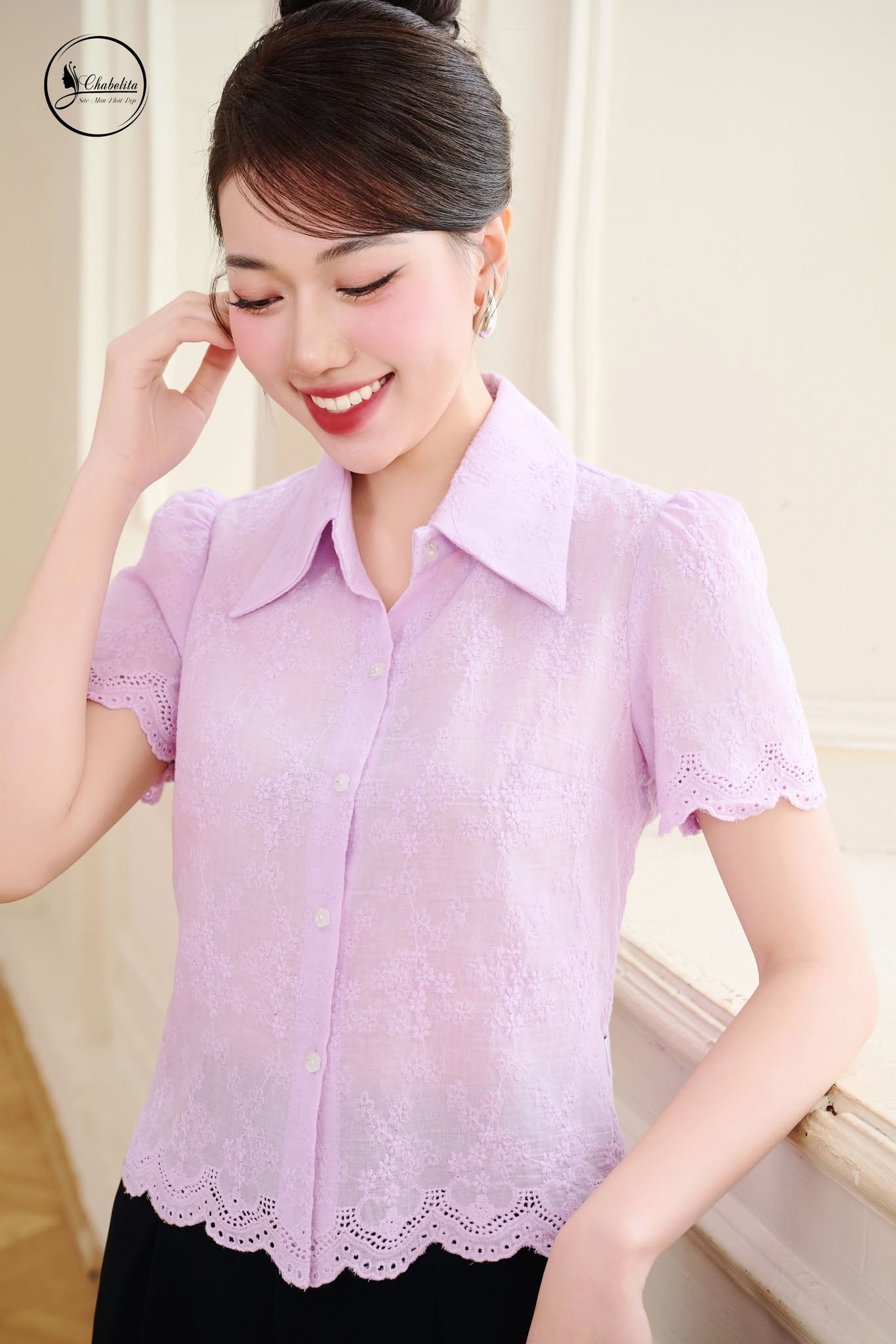 Áo sơ mi thô cổ đức màu tím