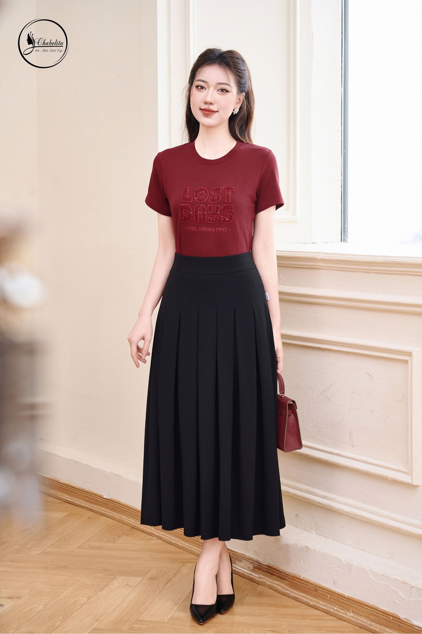 Áo cotton LOST DAYS dáng dài màu đỏ