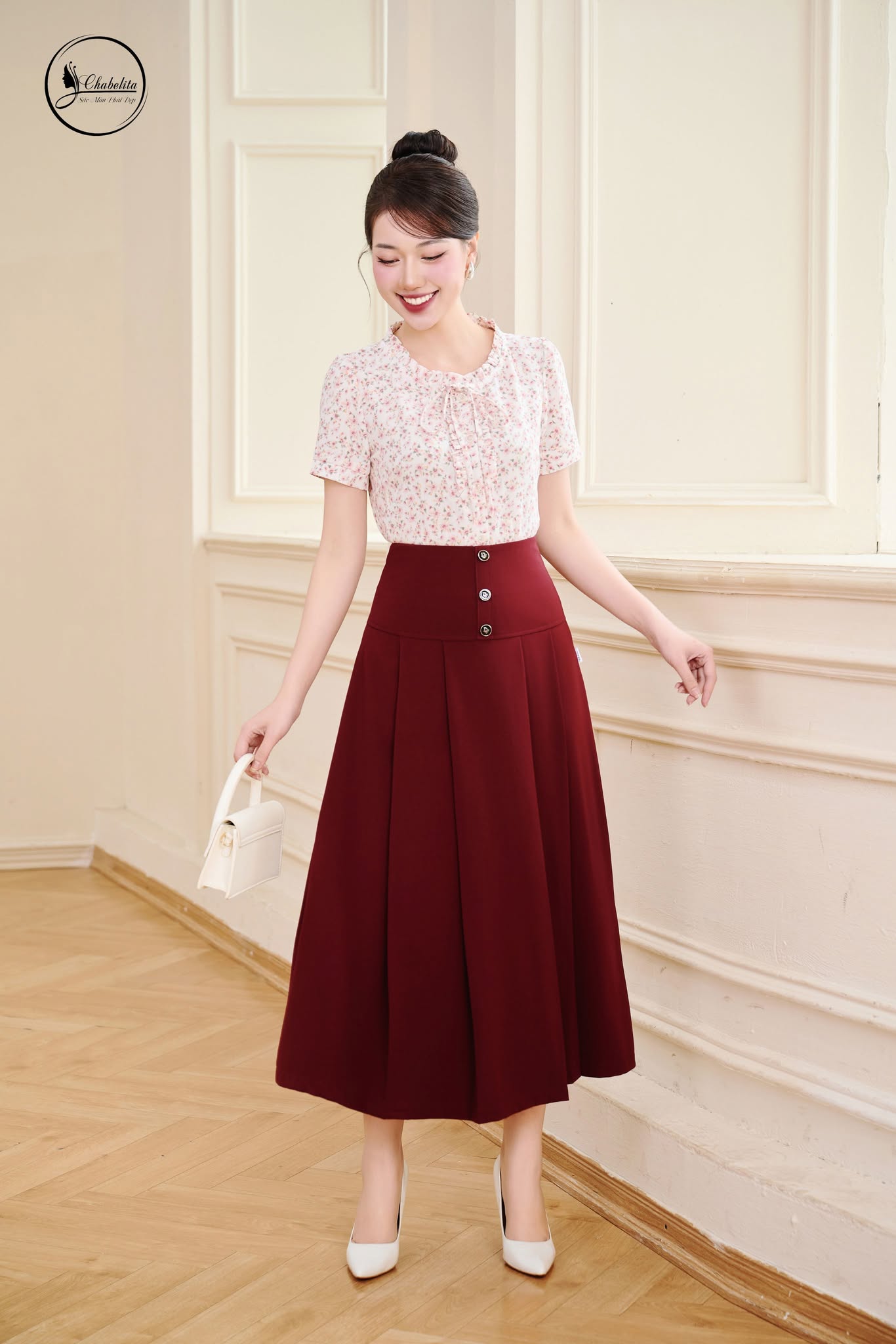 Áo sơ mi hoa cổ bèo màu hồng