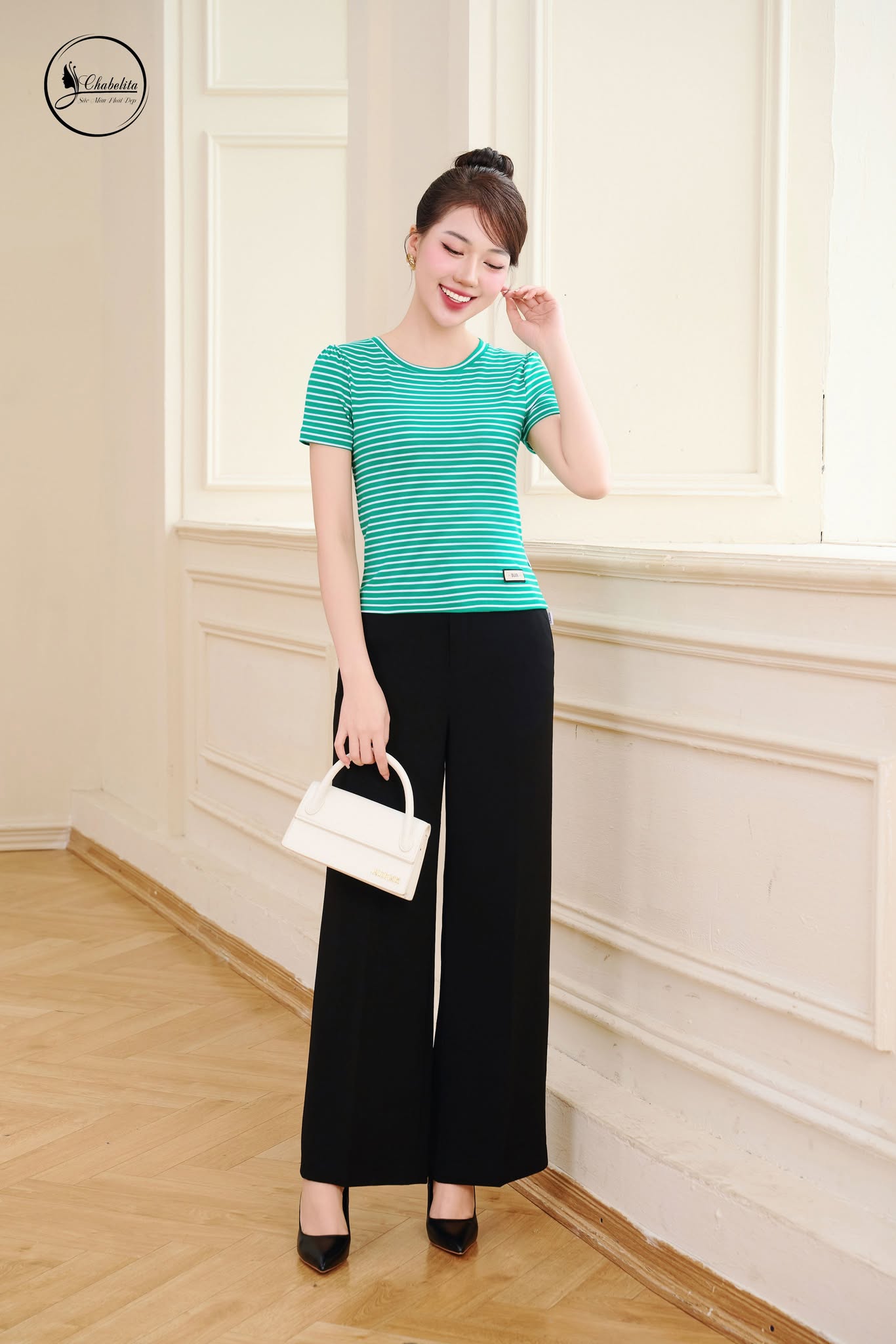 Áo cotton croptop kẻ xanh