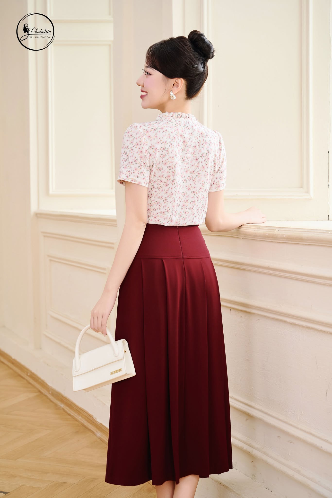 Áo sơ mi hoa cổ bèo màu hồng