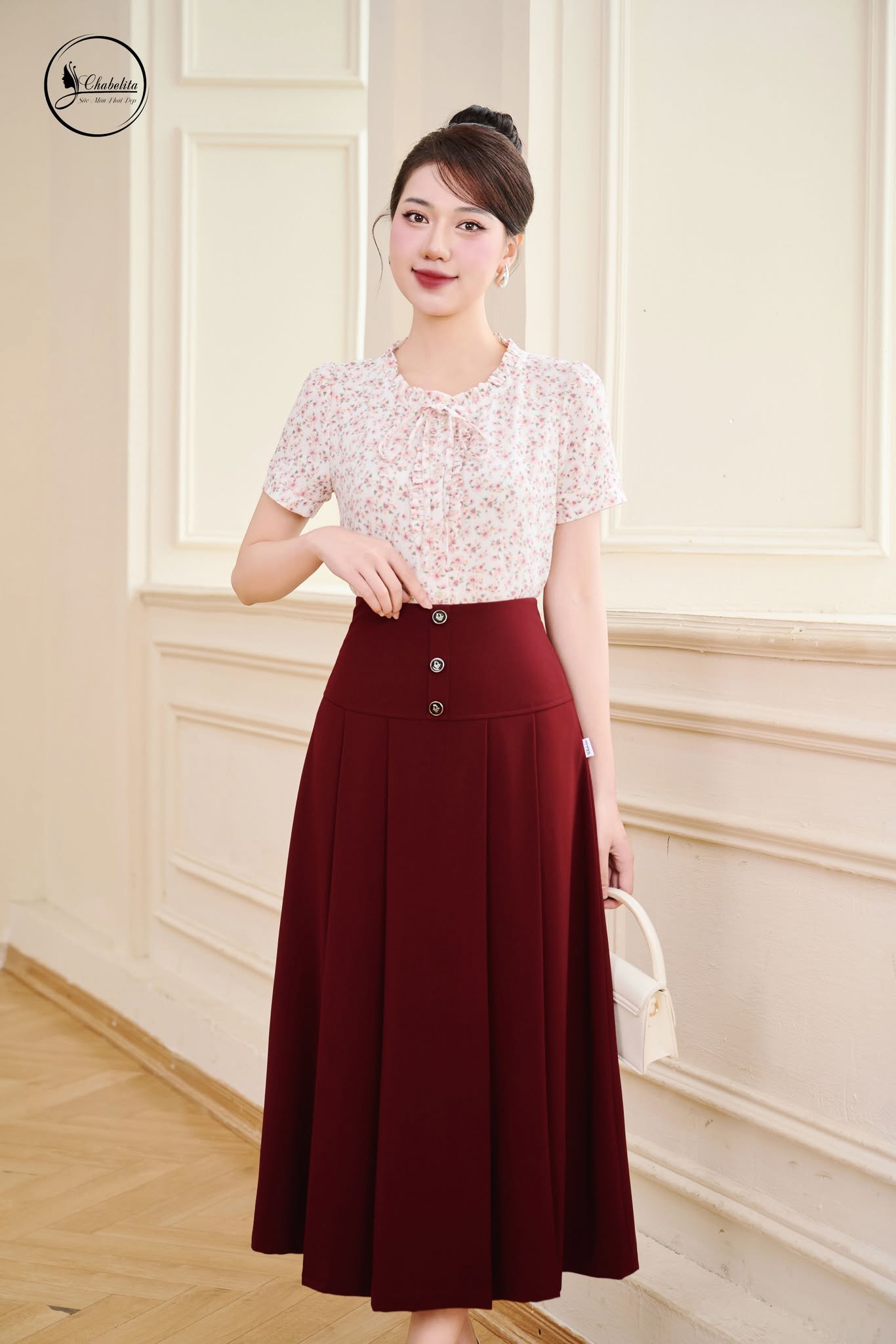 Áo sơ mi hoa cổ bèo màu hồng