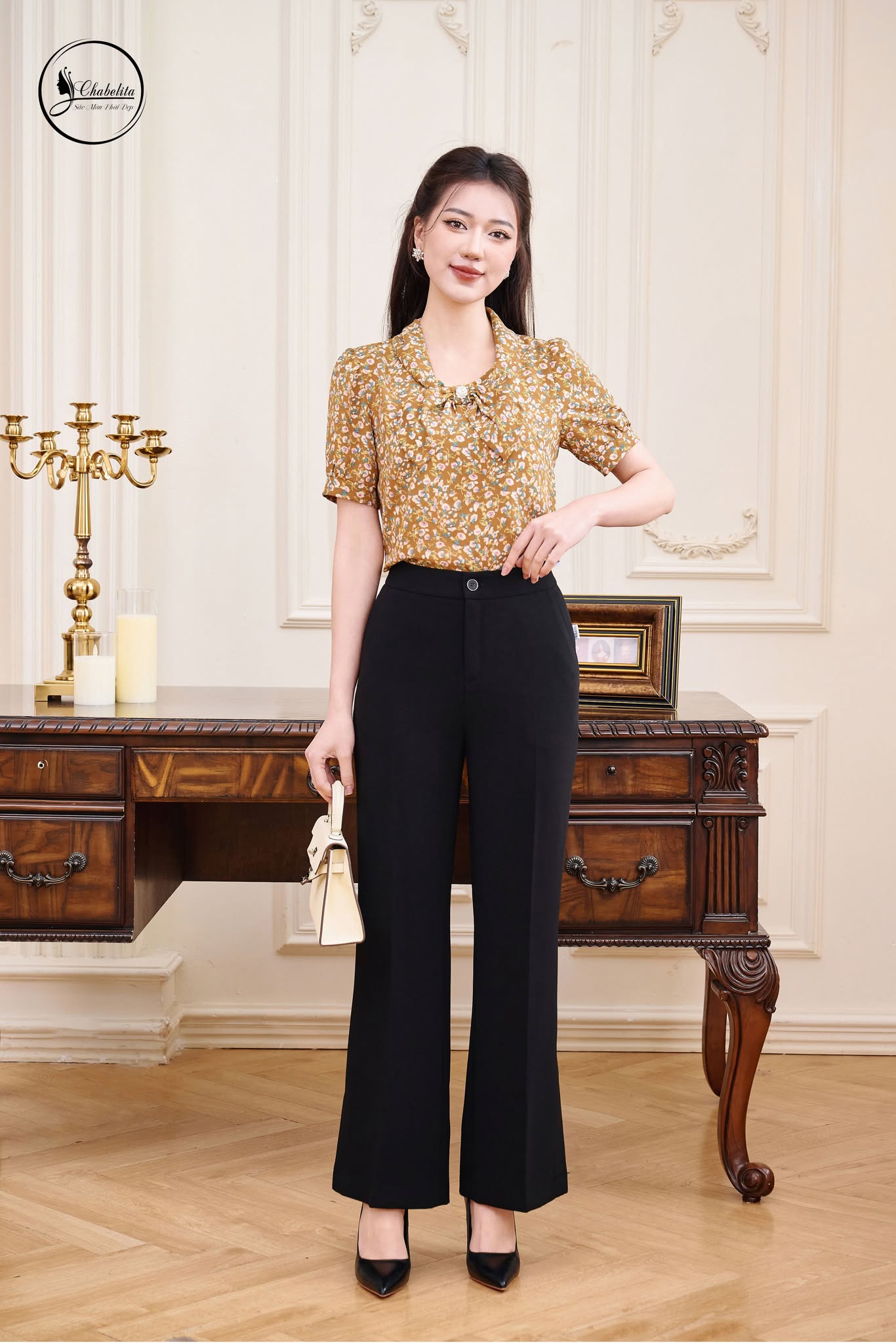 Áo sơ mi hoa tay lỡ màu vàng