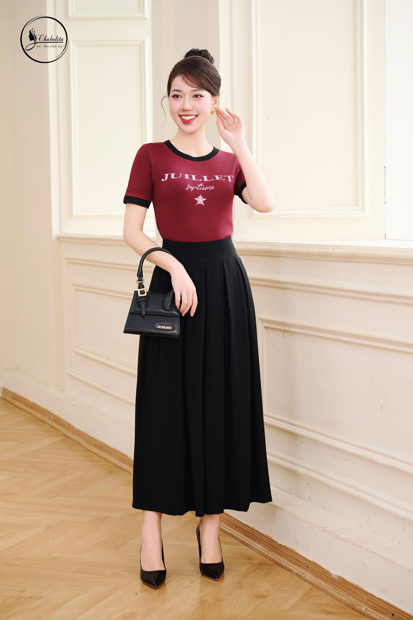 Áo cotton phối cổ bo tay màu đỏ mận