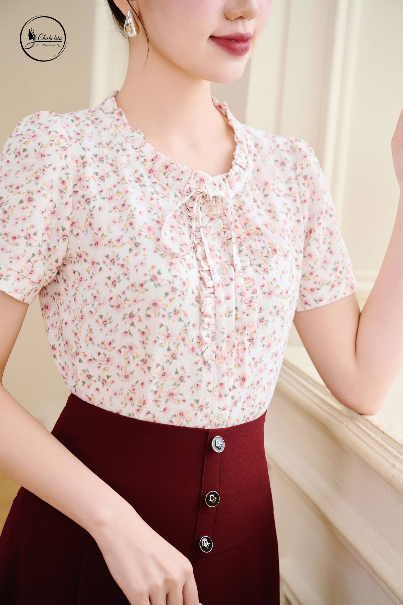 Áo sơ mi hoa cổ bèo màu hồng