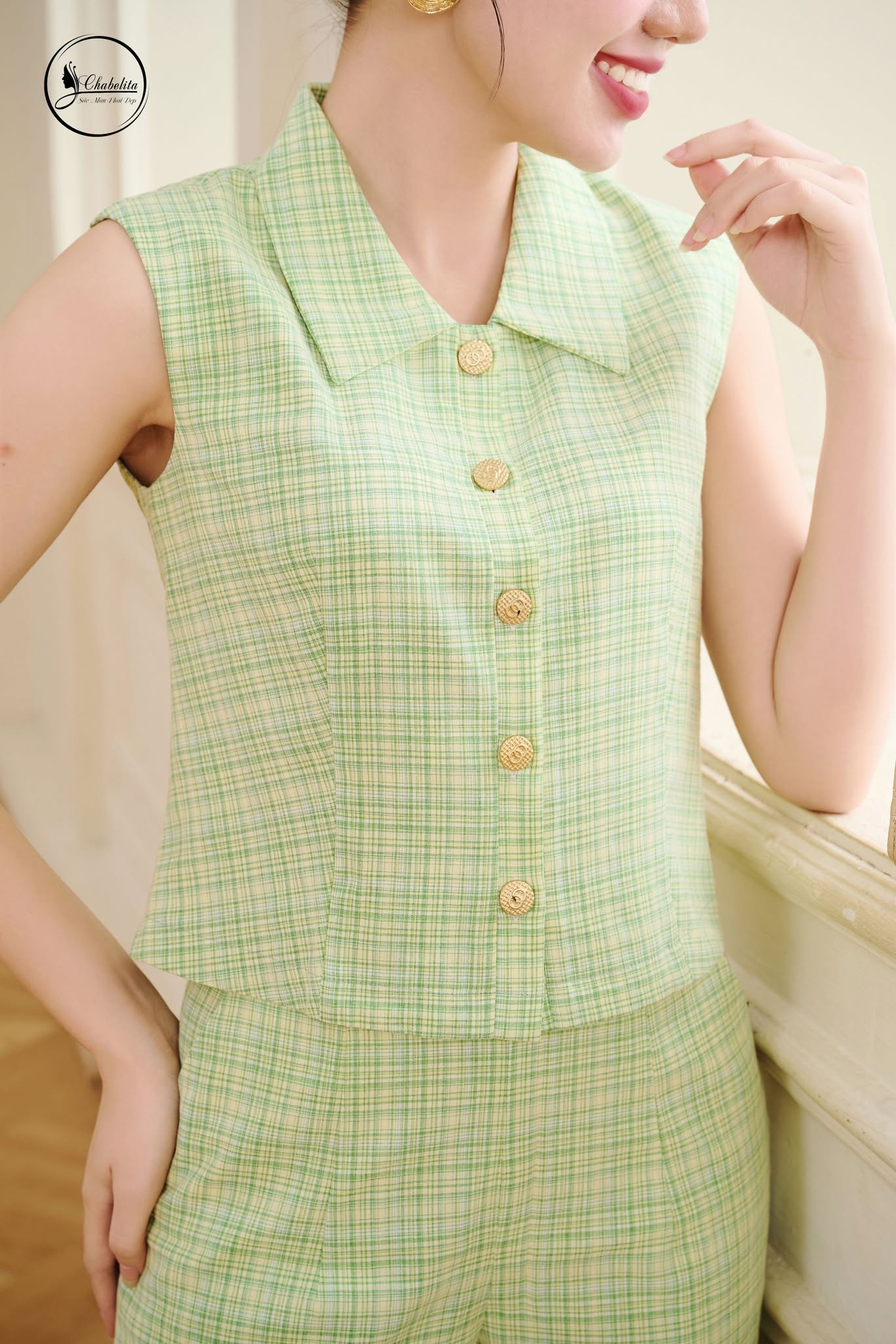 Sét bộ áo sát nách phối quần short kẻ xanh