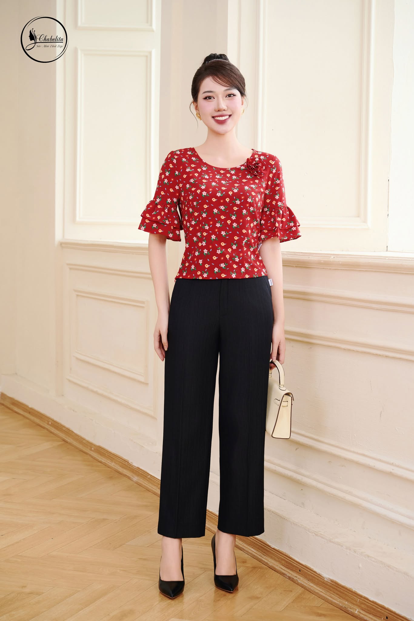 Áo sơ mi hoa cổ tròn màu đỏ