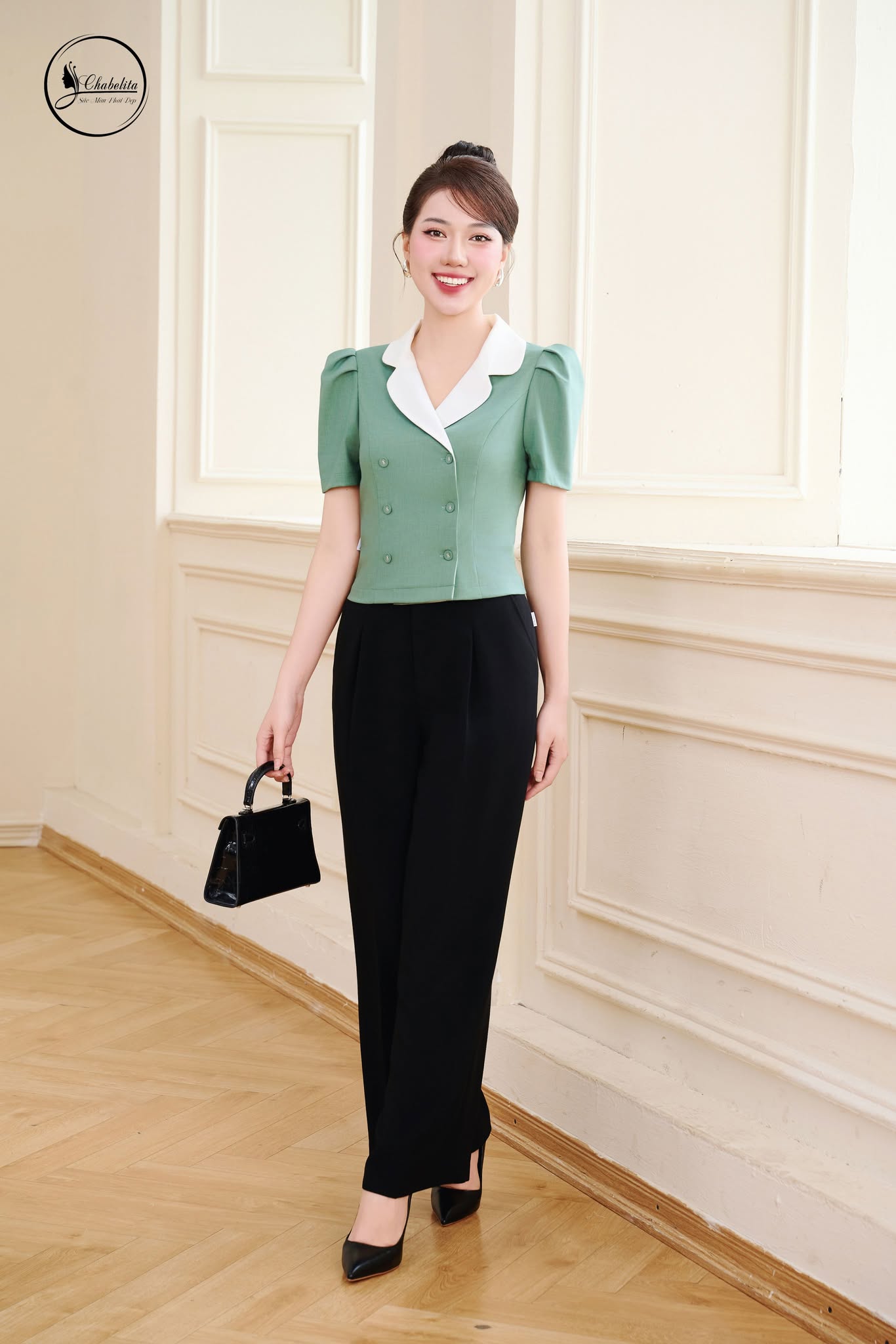 Áo phối cổ màu xanh