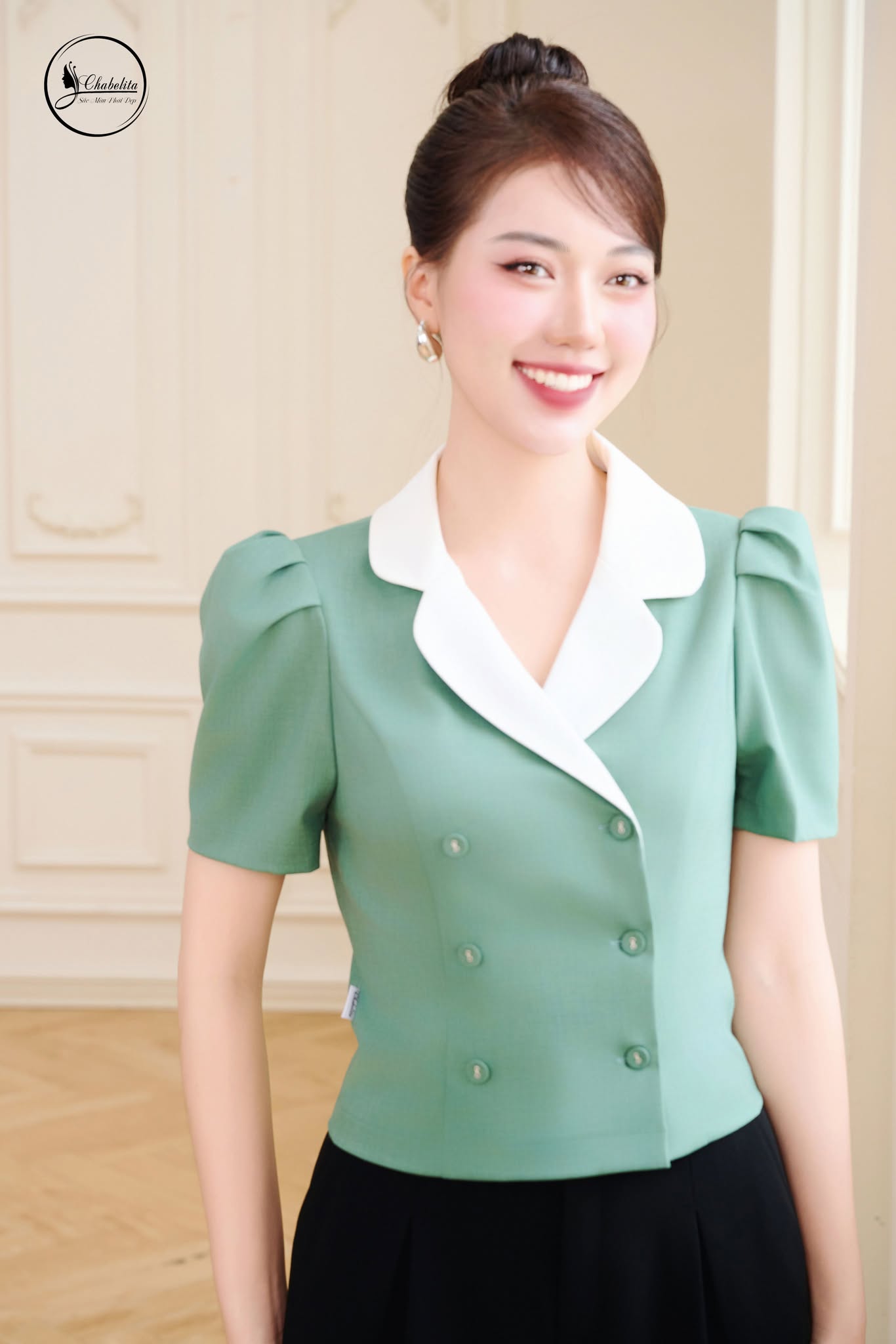 Áo phối cổ màu xanh