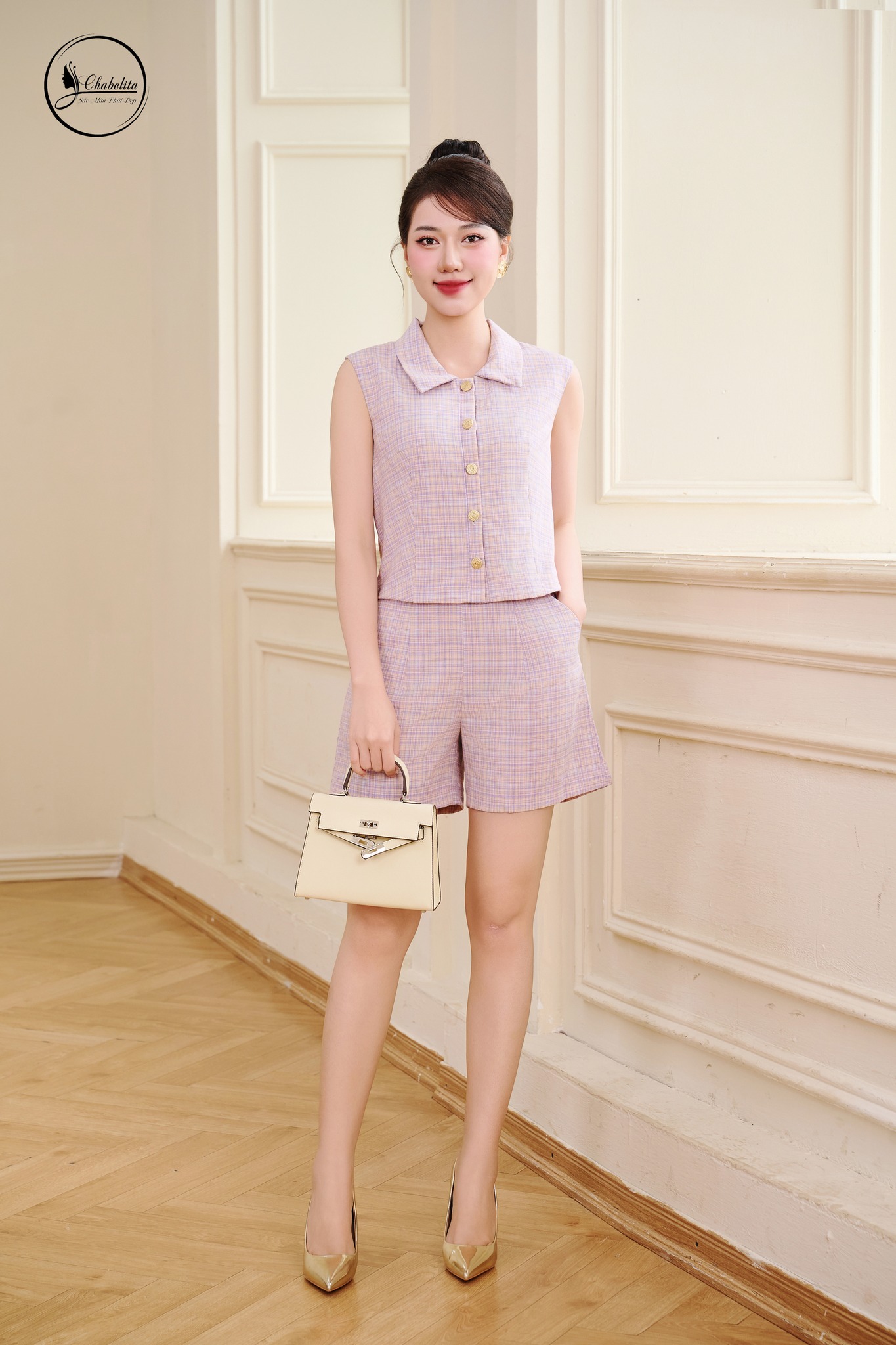 Sét bộ áo sát nách phối quần short kẻ tím