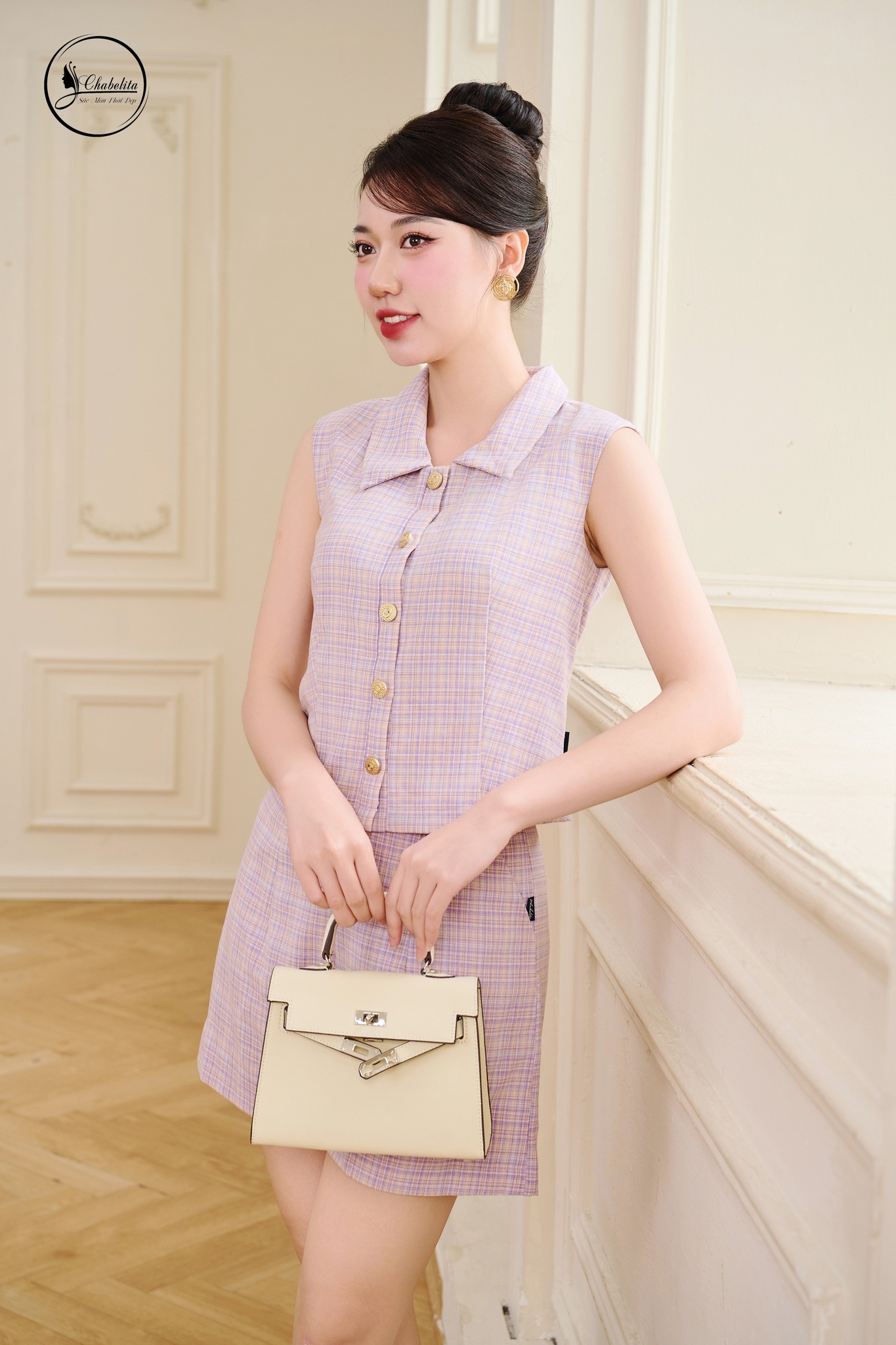 Sét bộ áo sát nách phối quần short kẻ tím