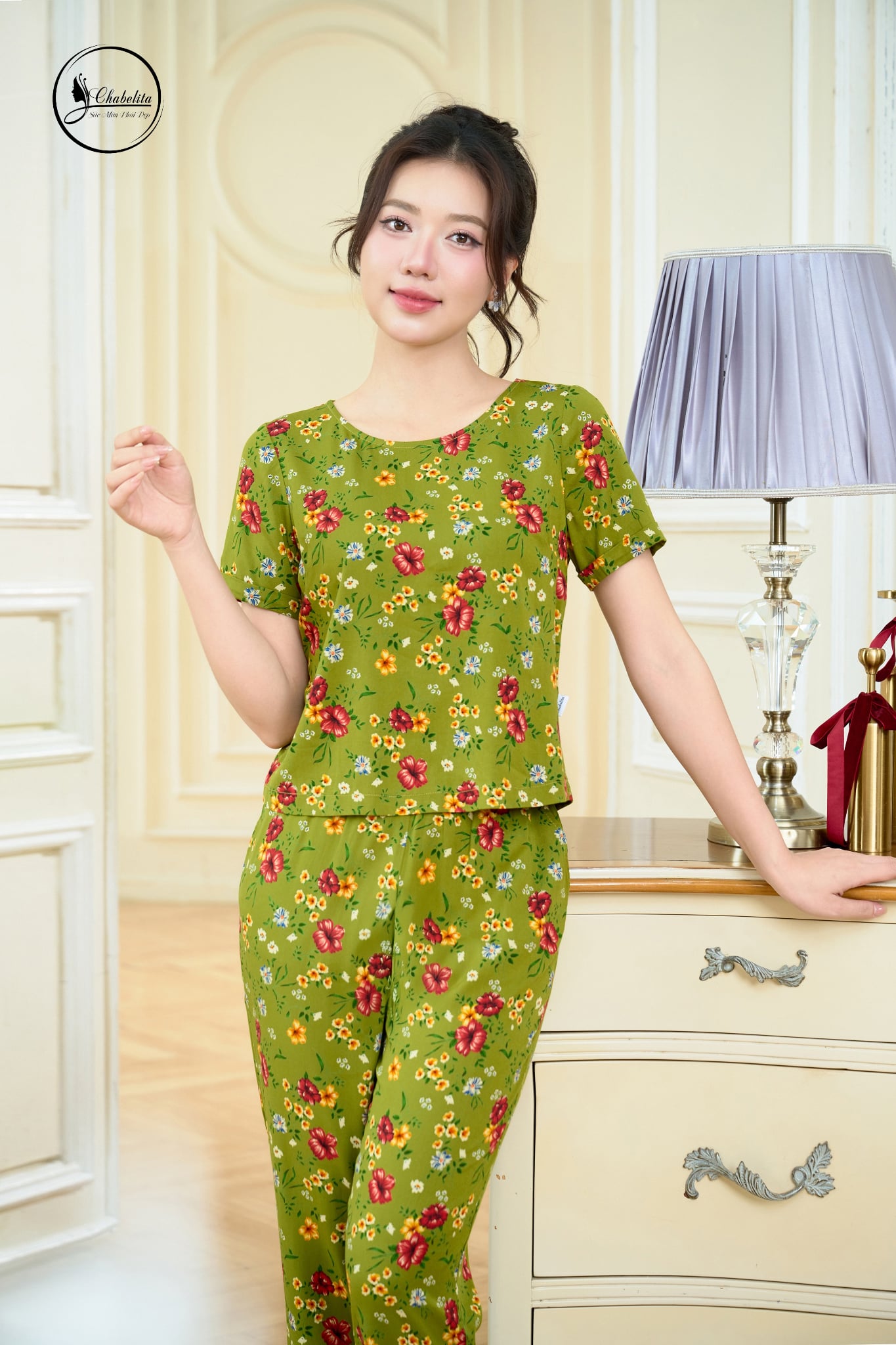 Sét bộ áo cộc tay cổ tròn hoa cốm