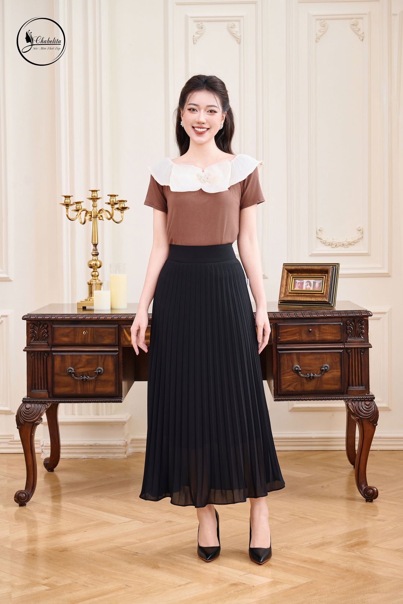 Áo trễ vai cách điệu màu nâu