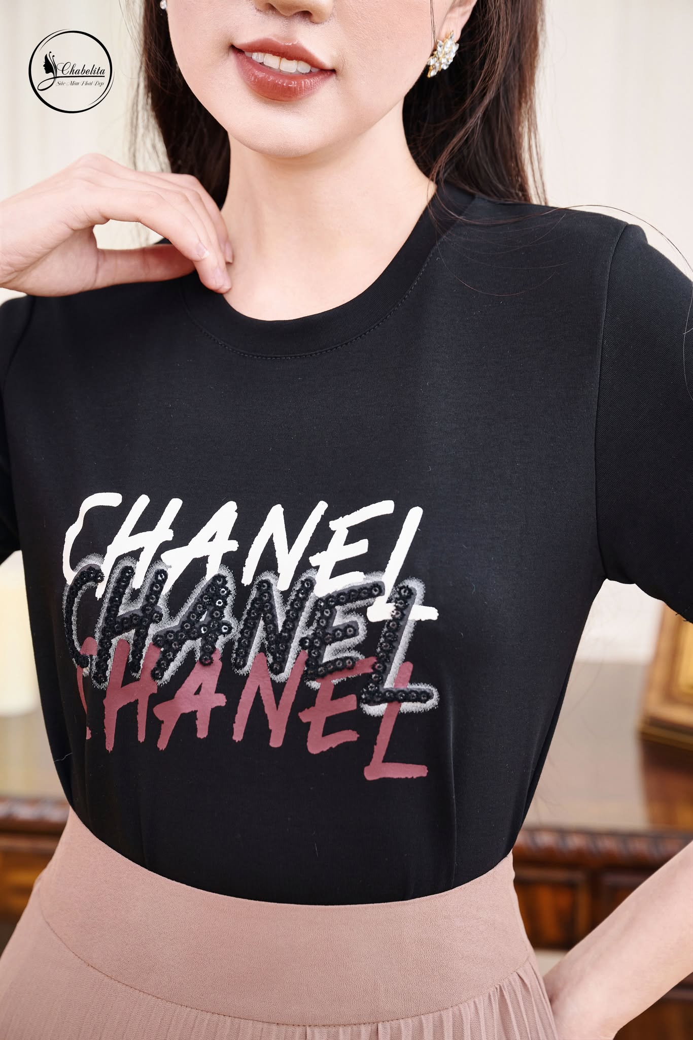 Áo cotton CHANEL màu đen