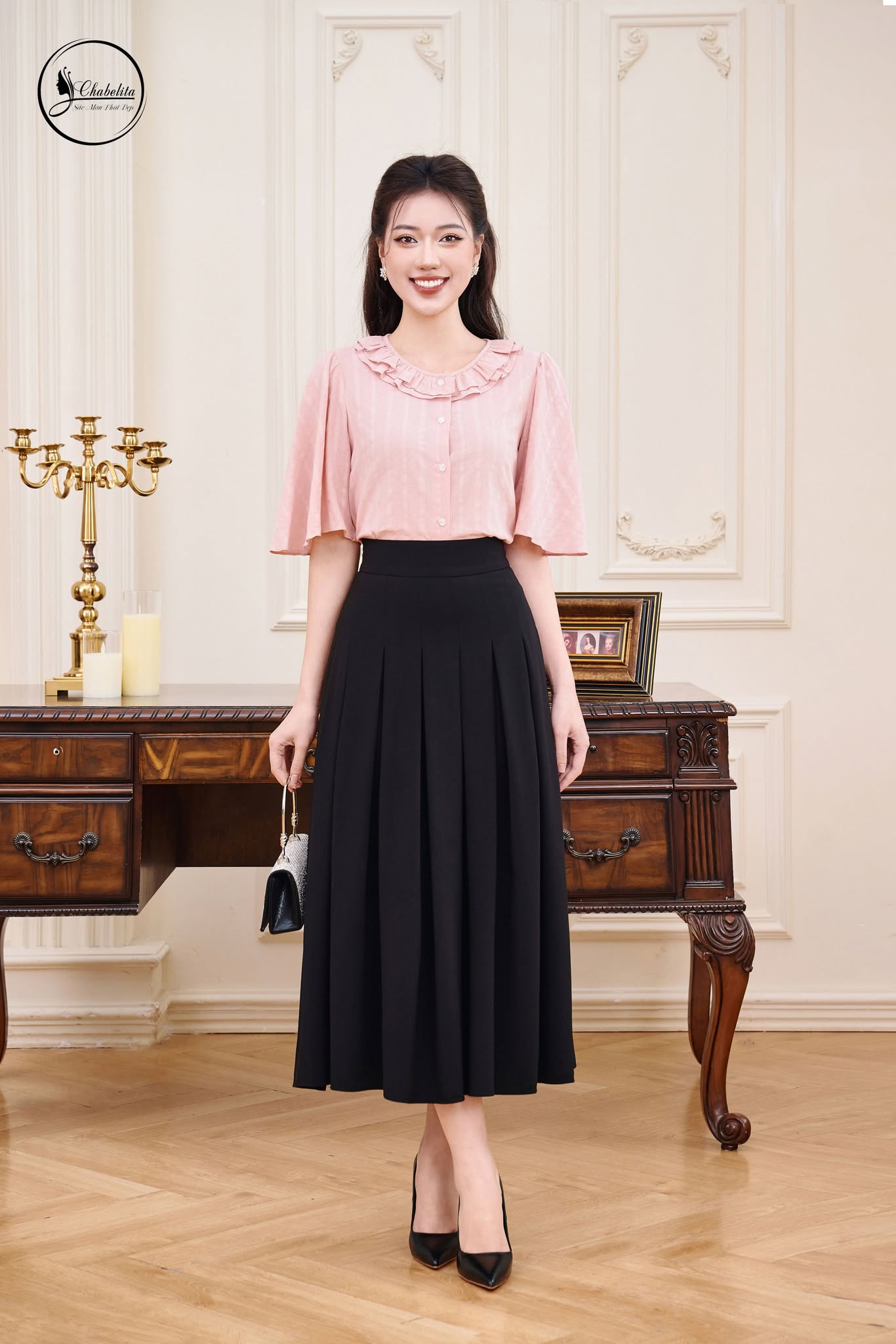 Áo sơ mi thô cổ bèo màu hồng