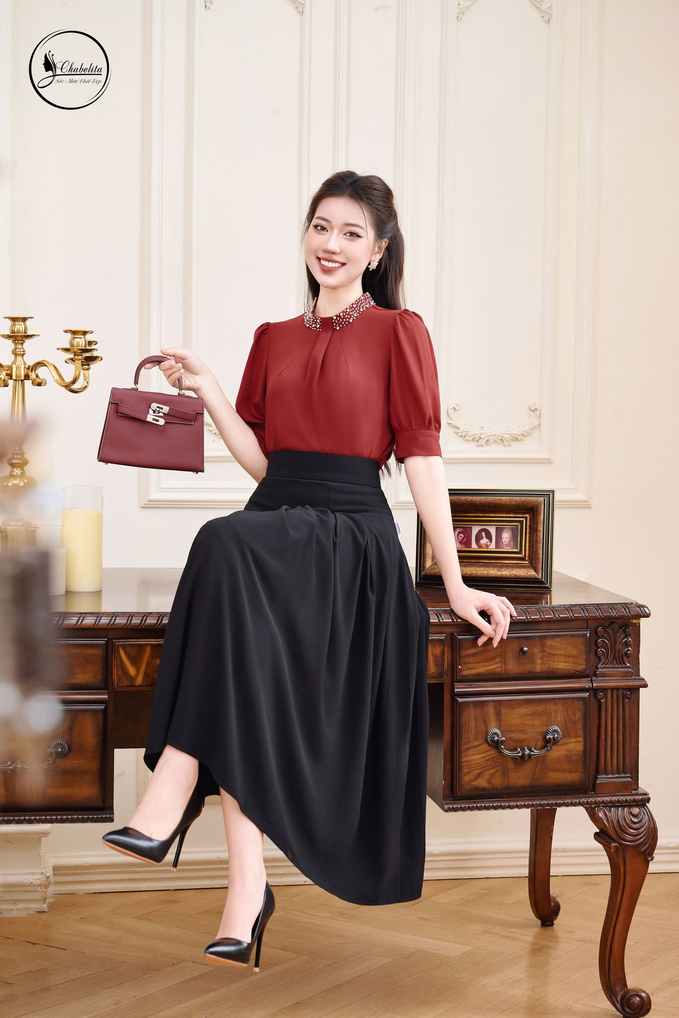 Sơ mi cổ đính đá màu bã trầu