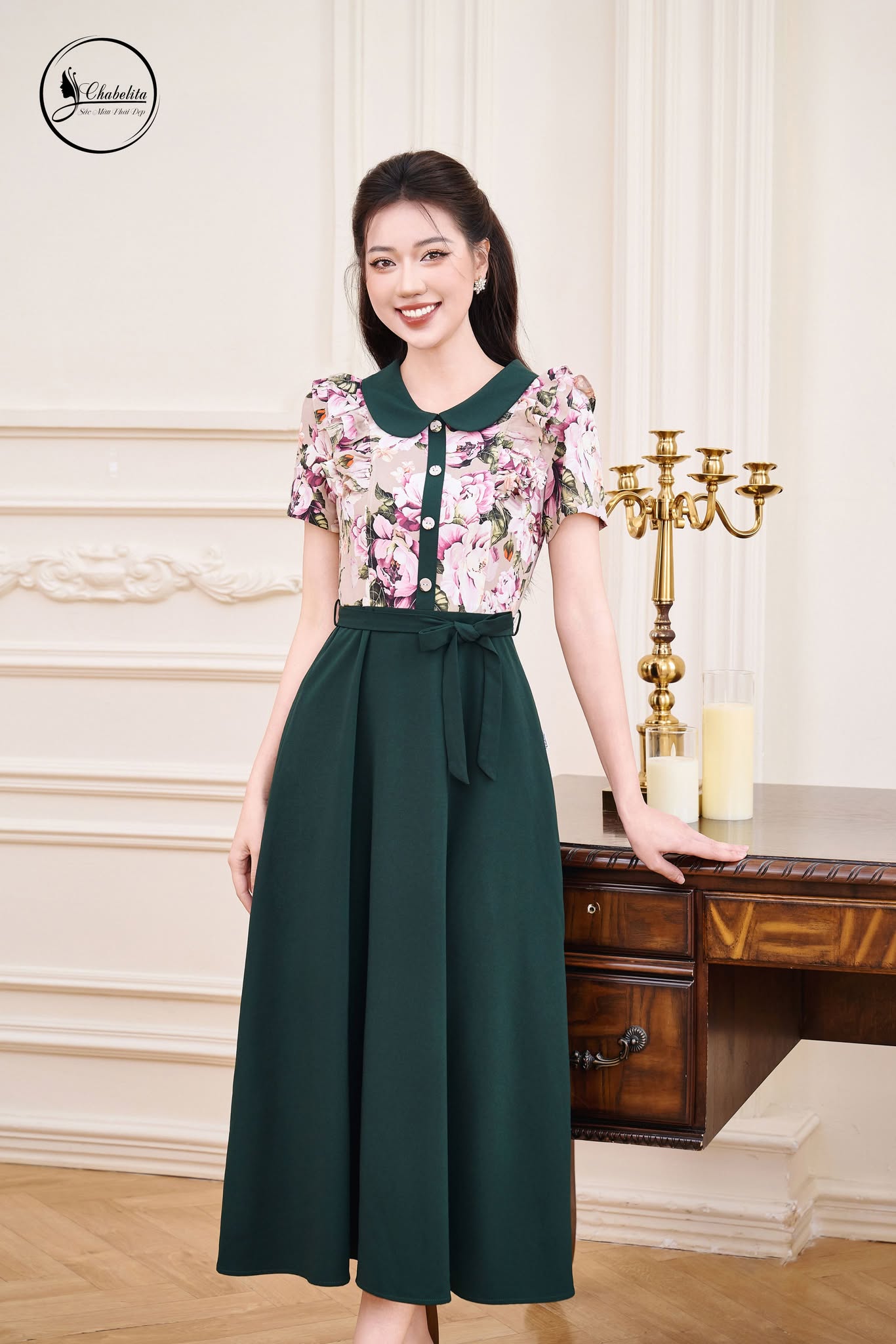 Đầm hoa phối cổ sen màu xanh