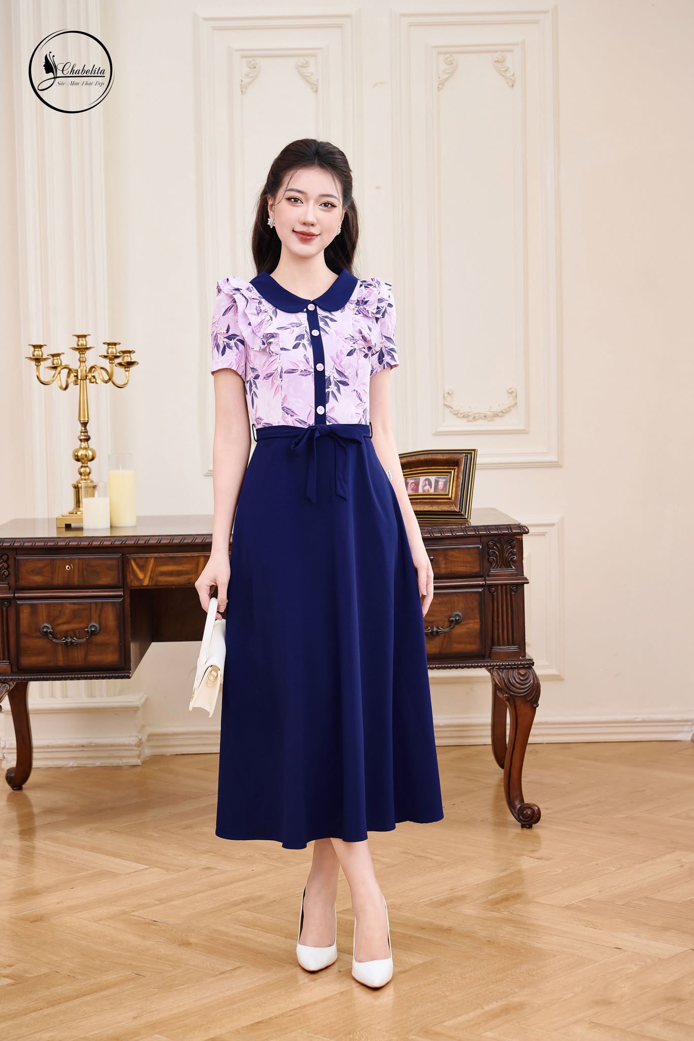 Đầm hoa phối cổ sen màu tím