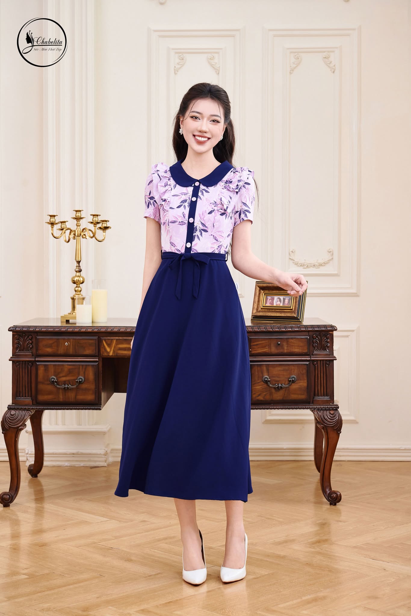 Đầm hoa phối cổ sen màu tím