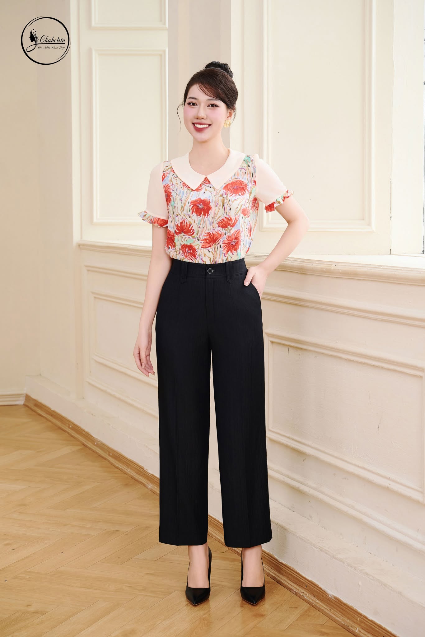 Áo sơ mi cổ sen phối tay màu hoa 1 chiều