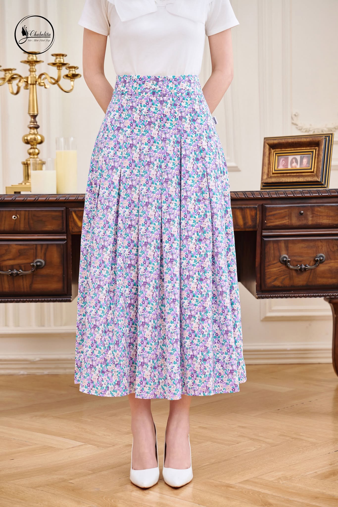 Chân váy xòe xếp ly hoa tím nhí