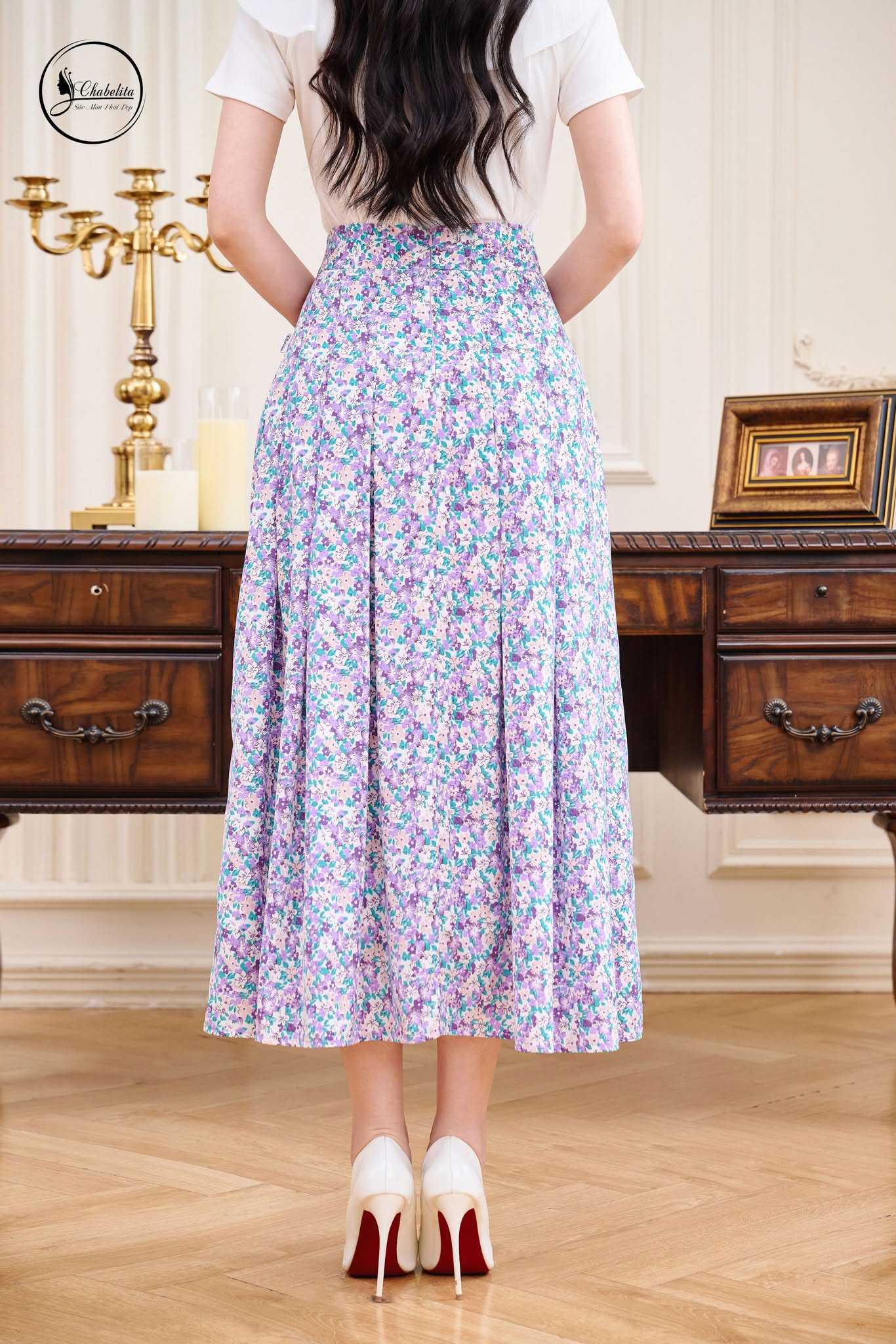 Chân váy xòe xếp ly hoa tím nhí