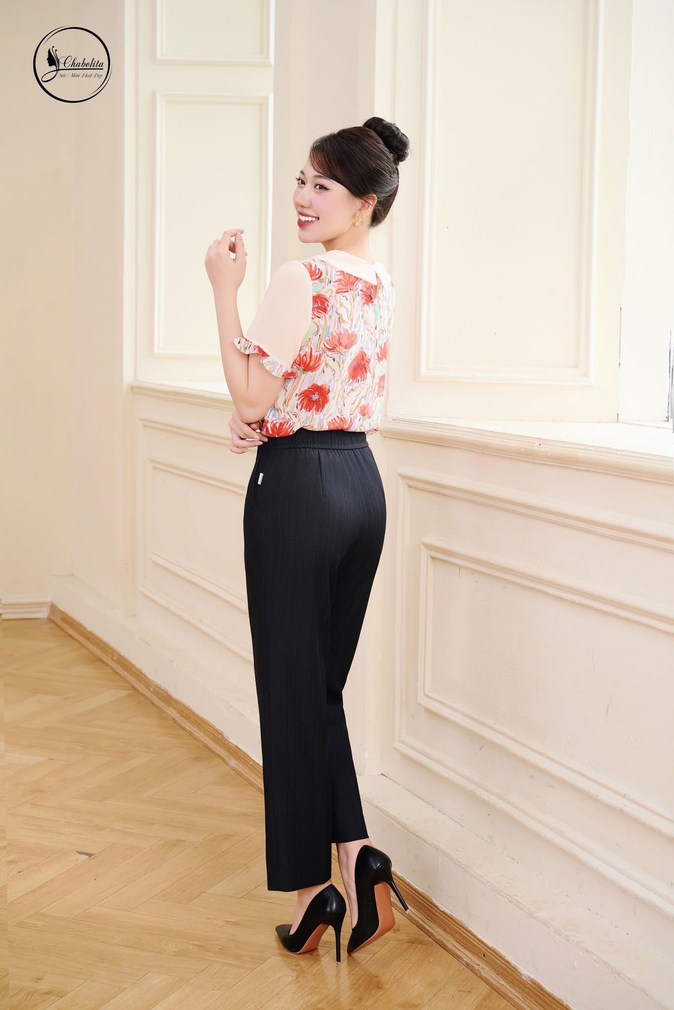 Áo sơ mi cổ sen phối tay màu hoa 1 chiều