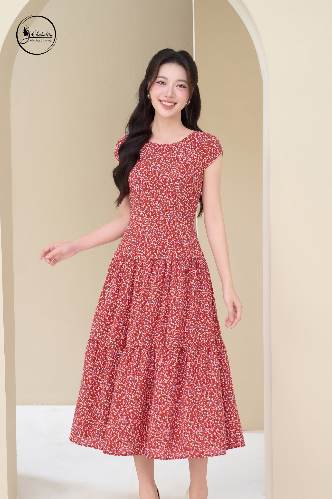 Đầm hoa nhí 3 tầng sát nách màu đỏ