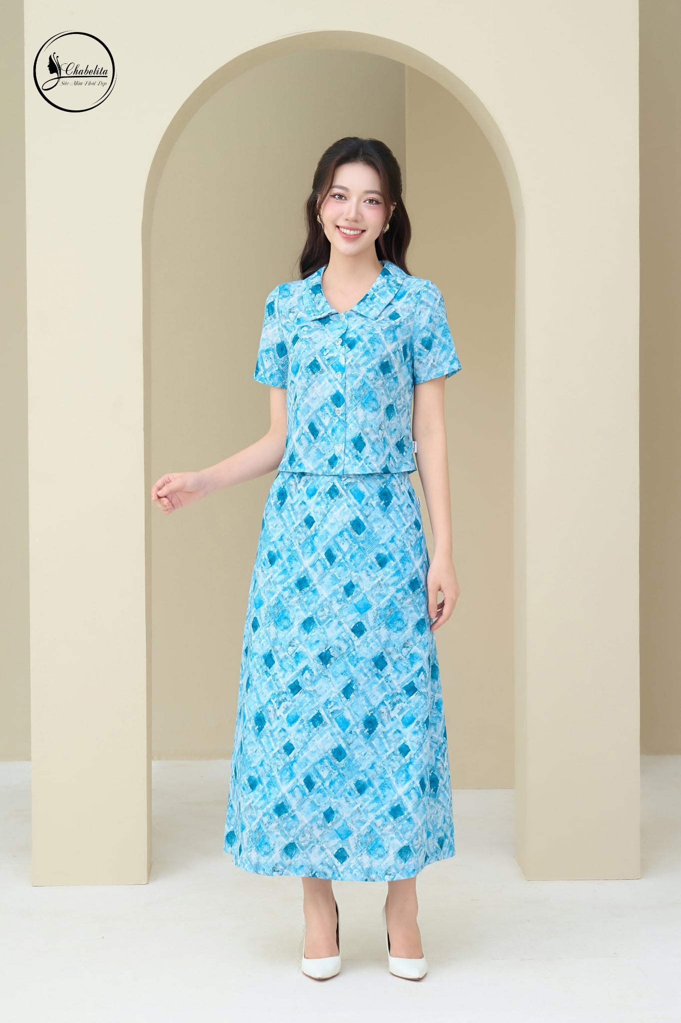 Sét bộ hoa áo sơ mi phối chân váy màu xanh