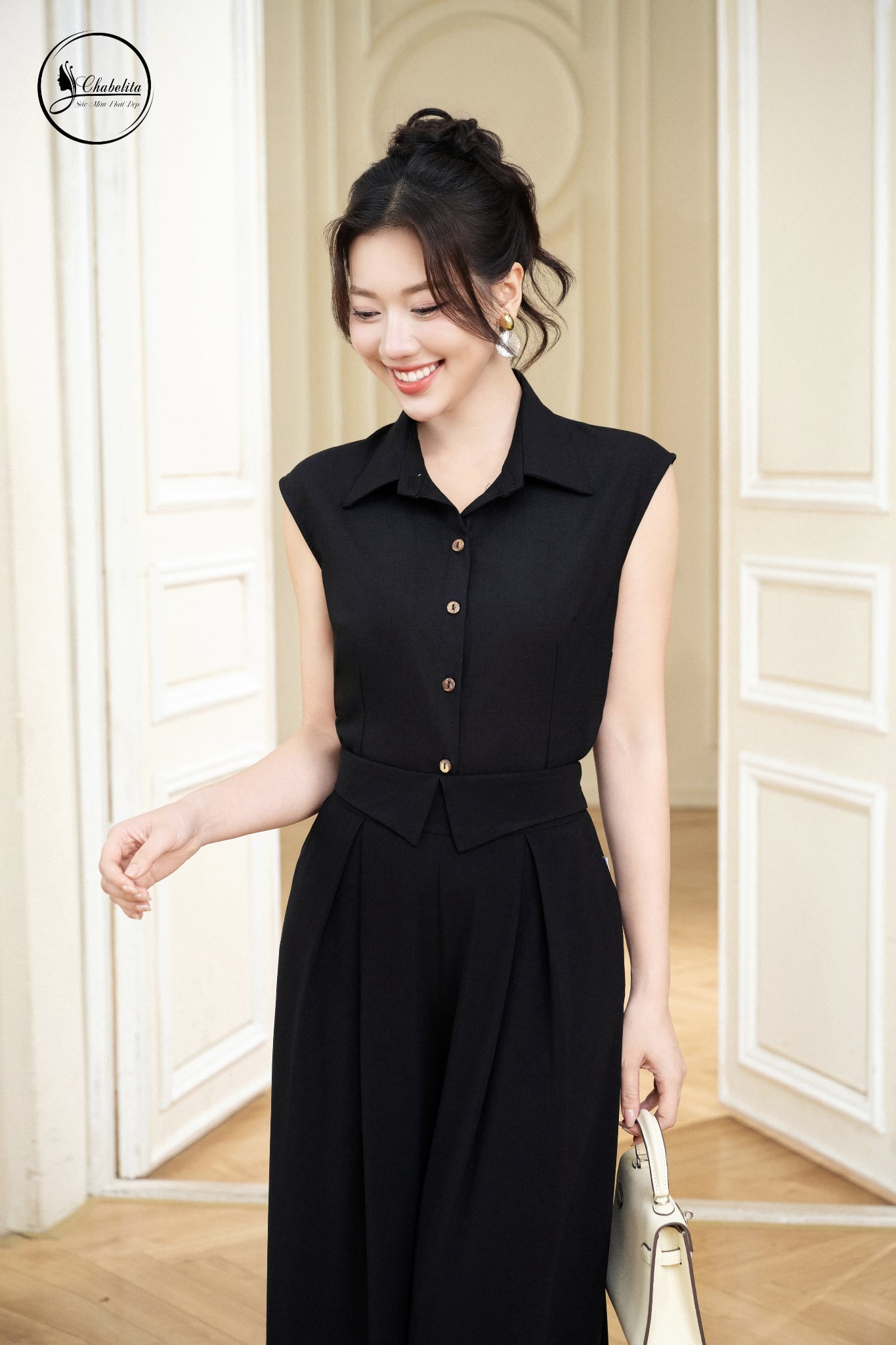 Áo cổ đức tay hến đũi đen