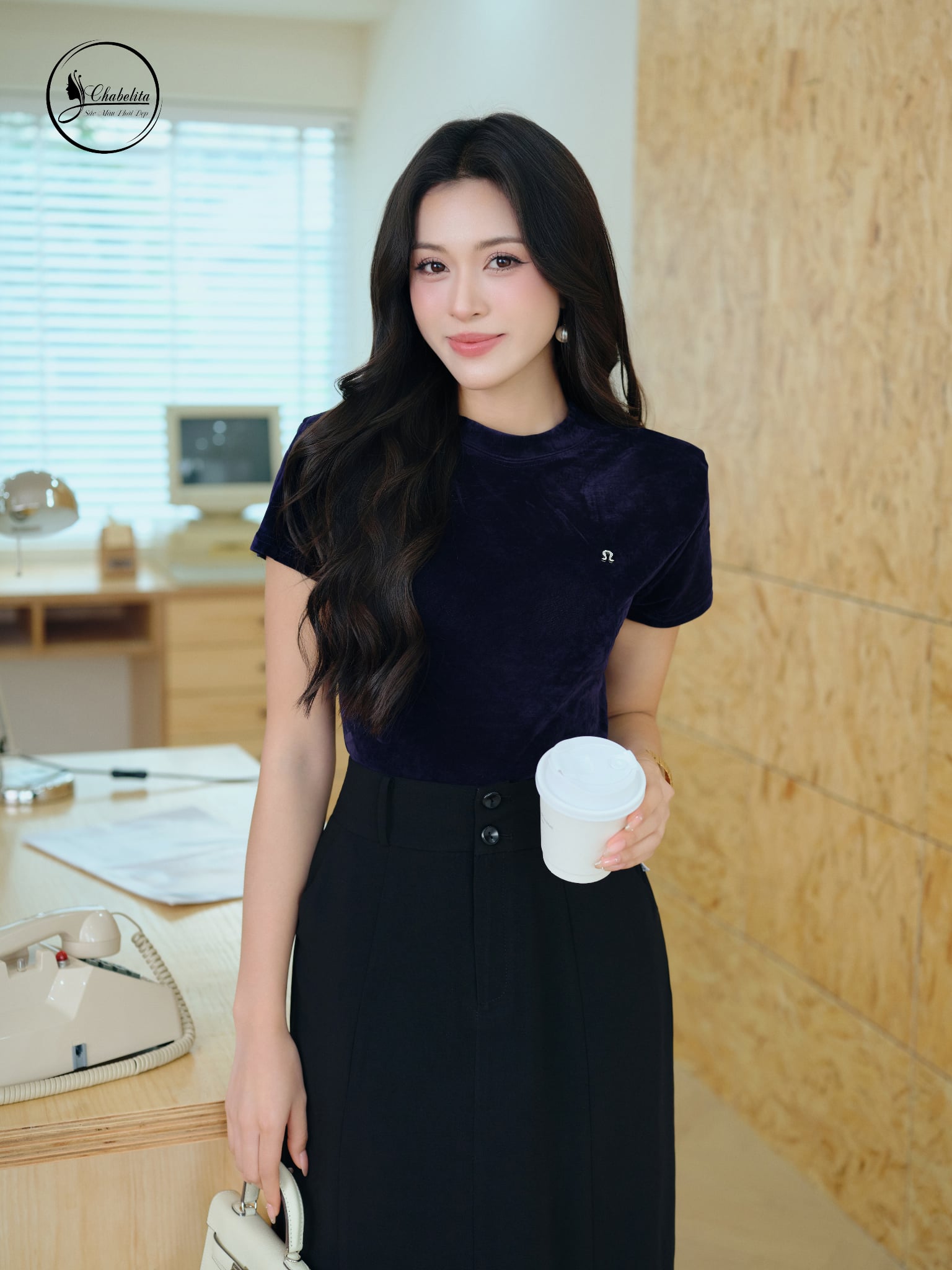 Áo nhung cổ 3 phân màu xanh than