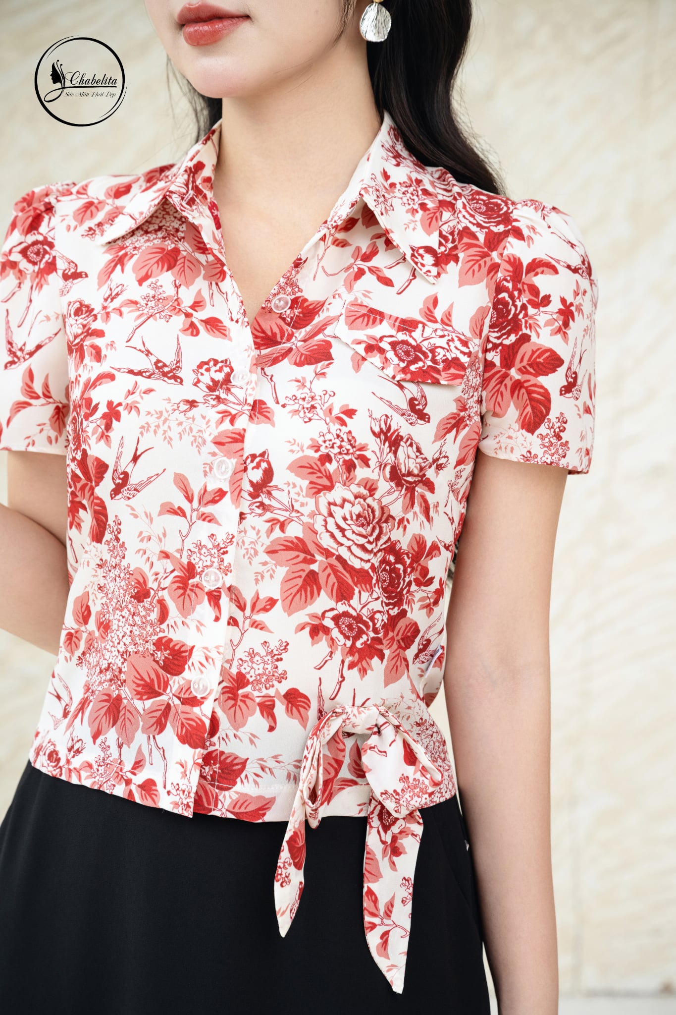 Sơ mi tay lỡ đính nơ hoa hồng