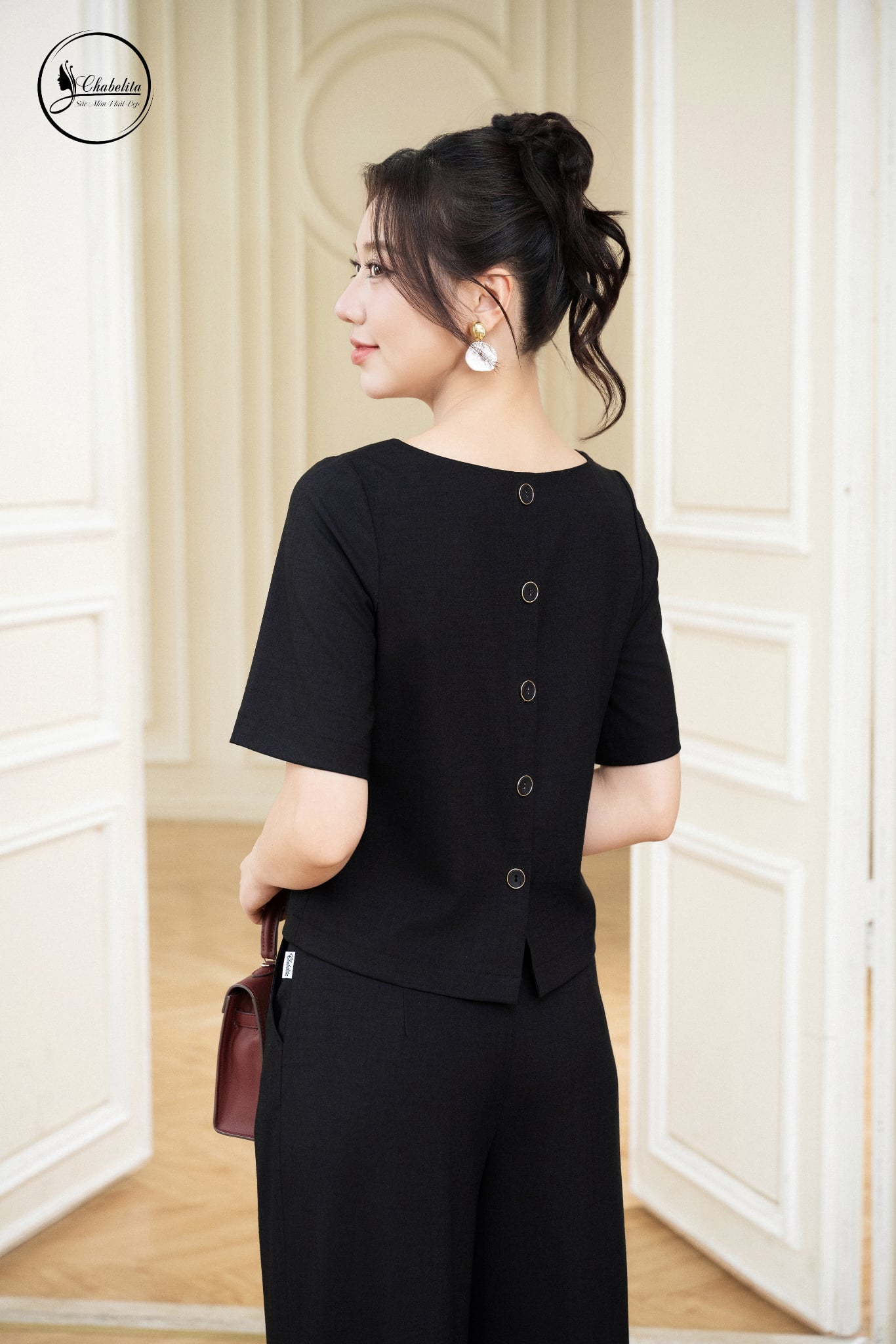 Sét bộ áo tay lỡ cổ tròn màu đen