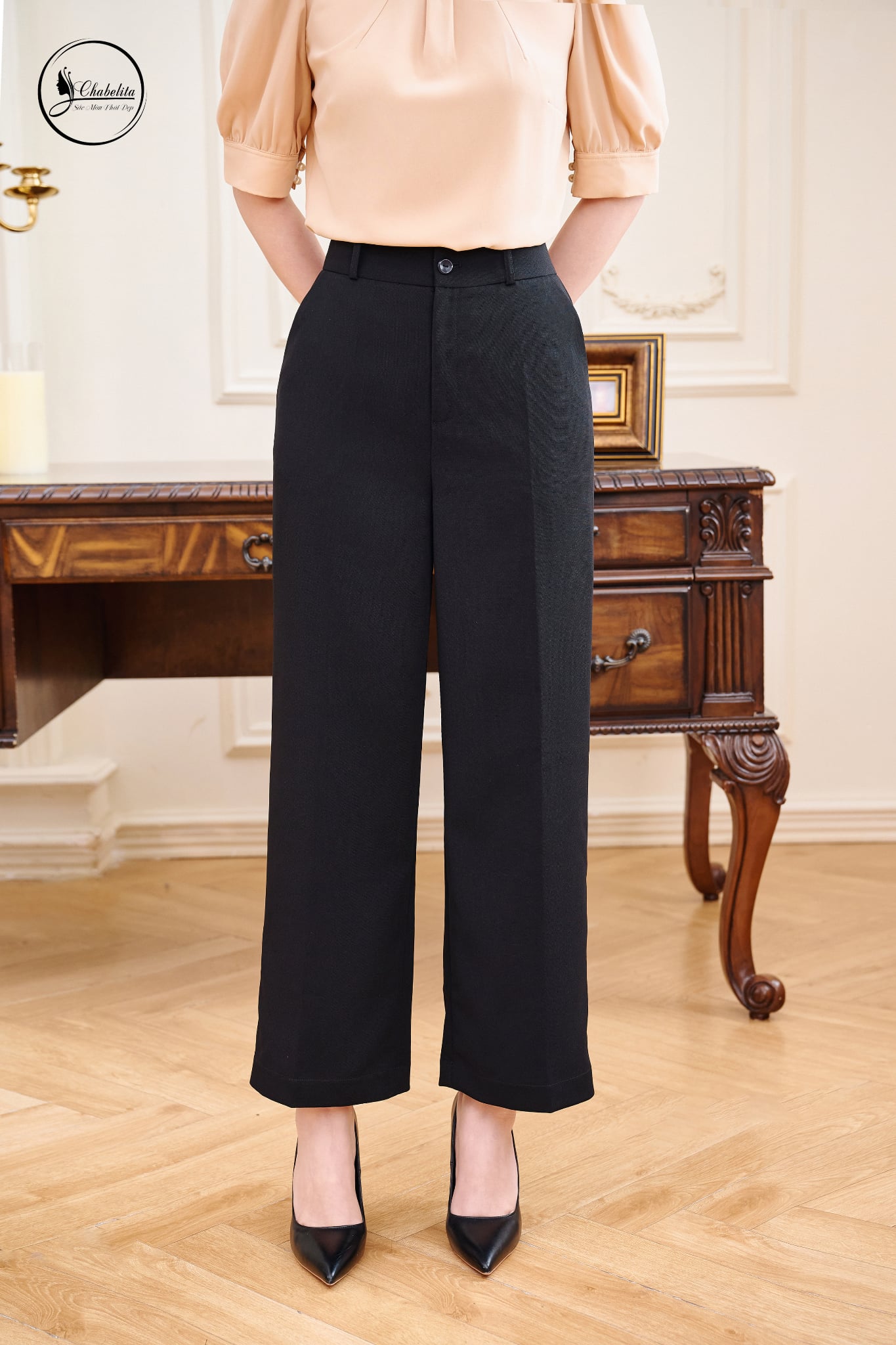 Quần suông 1 khuy màu đen