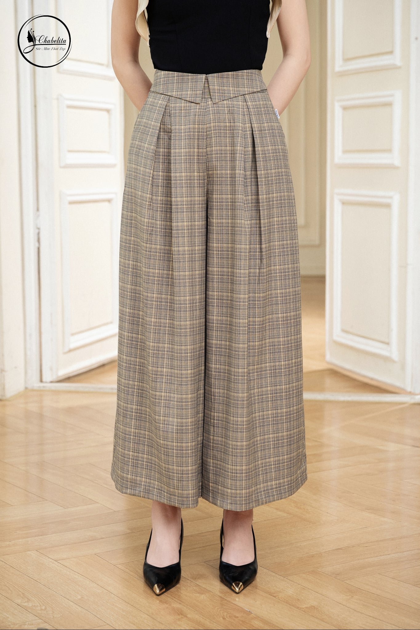 Quần ống giả váy khóa sườn kẻ nâu