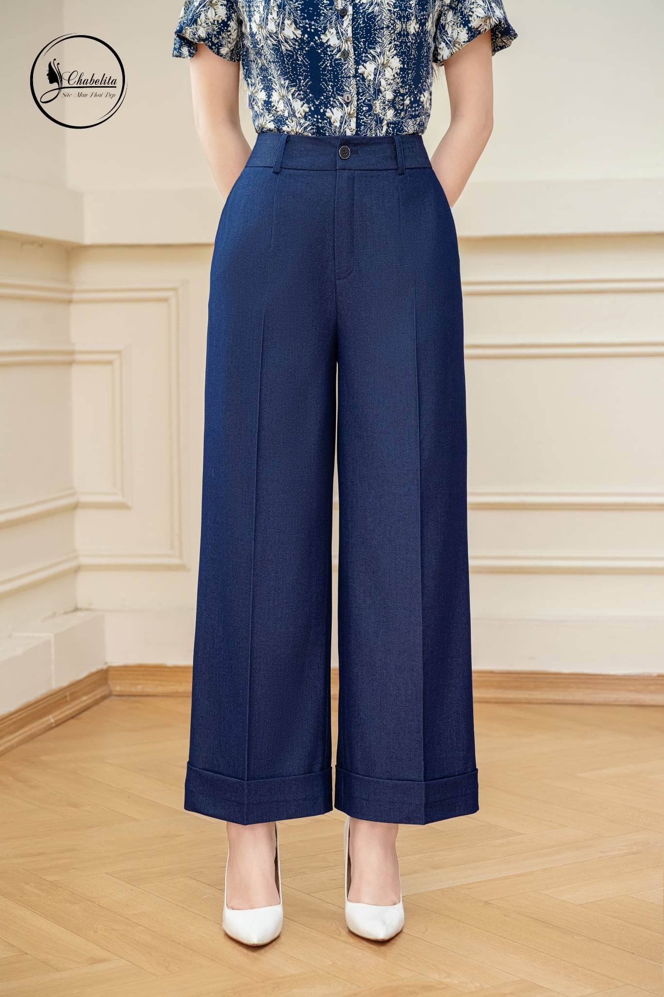 Quần suông gấu lơ vê màu bò xanh