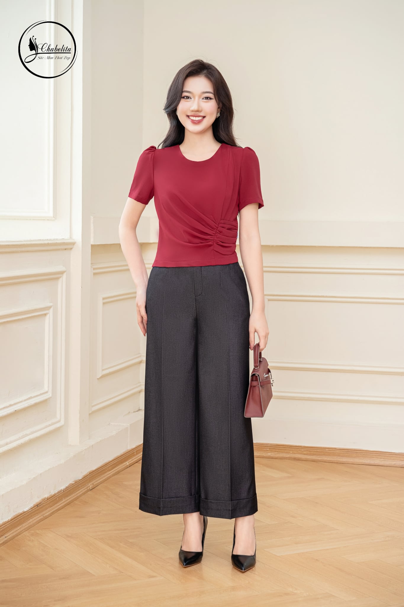 Quần suông cạp cao 2 cúc màu đen