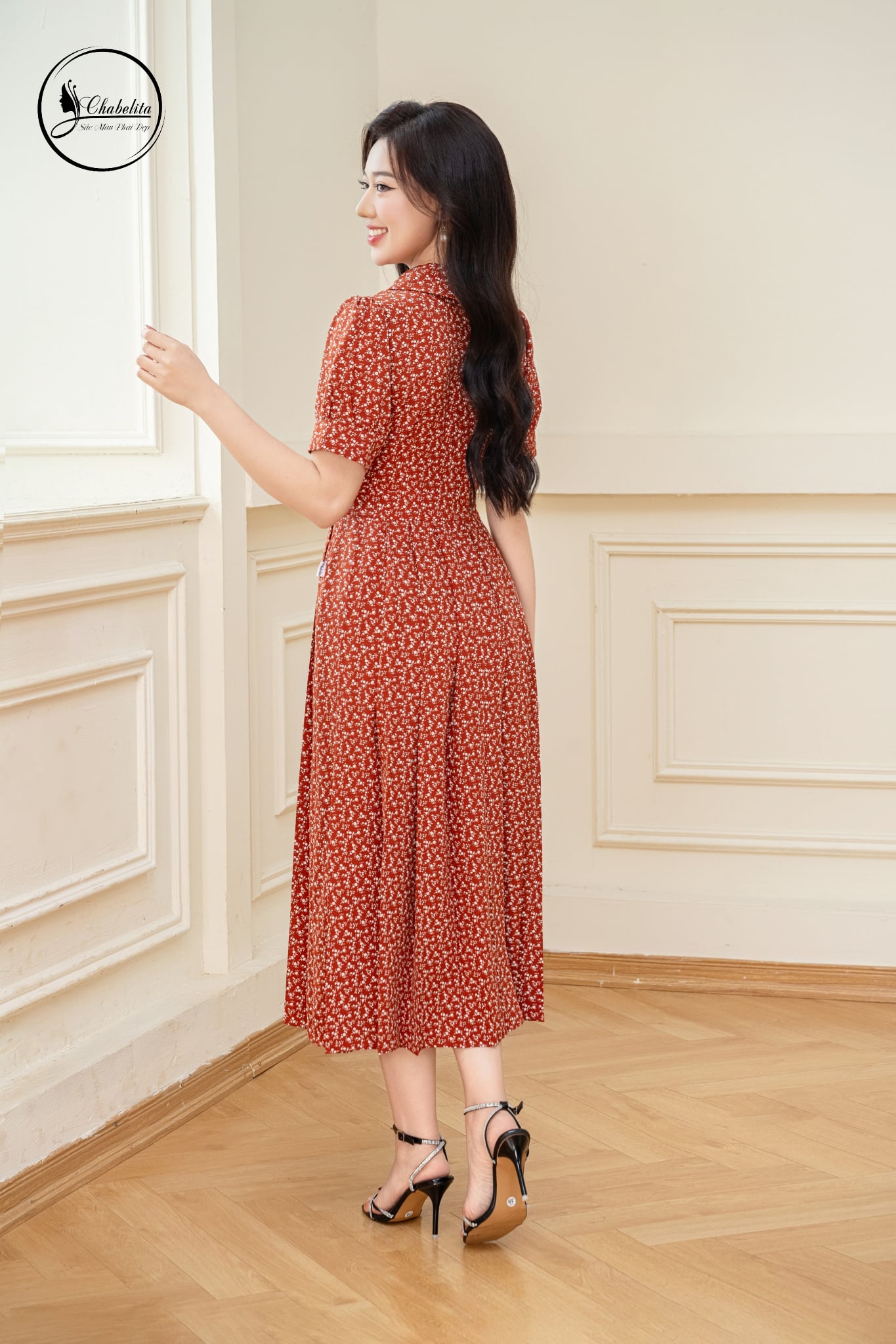 Đầm hoa cổ bẻ màu cam