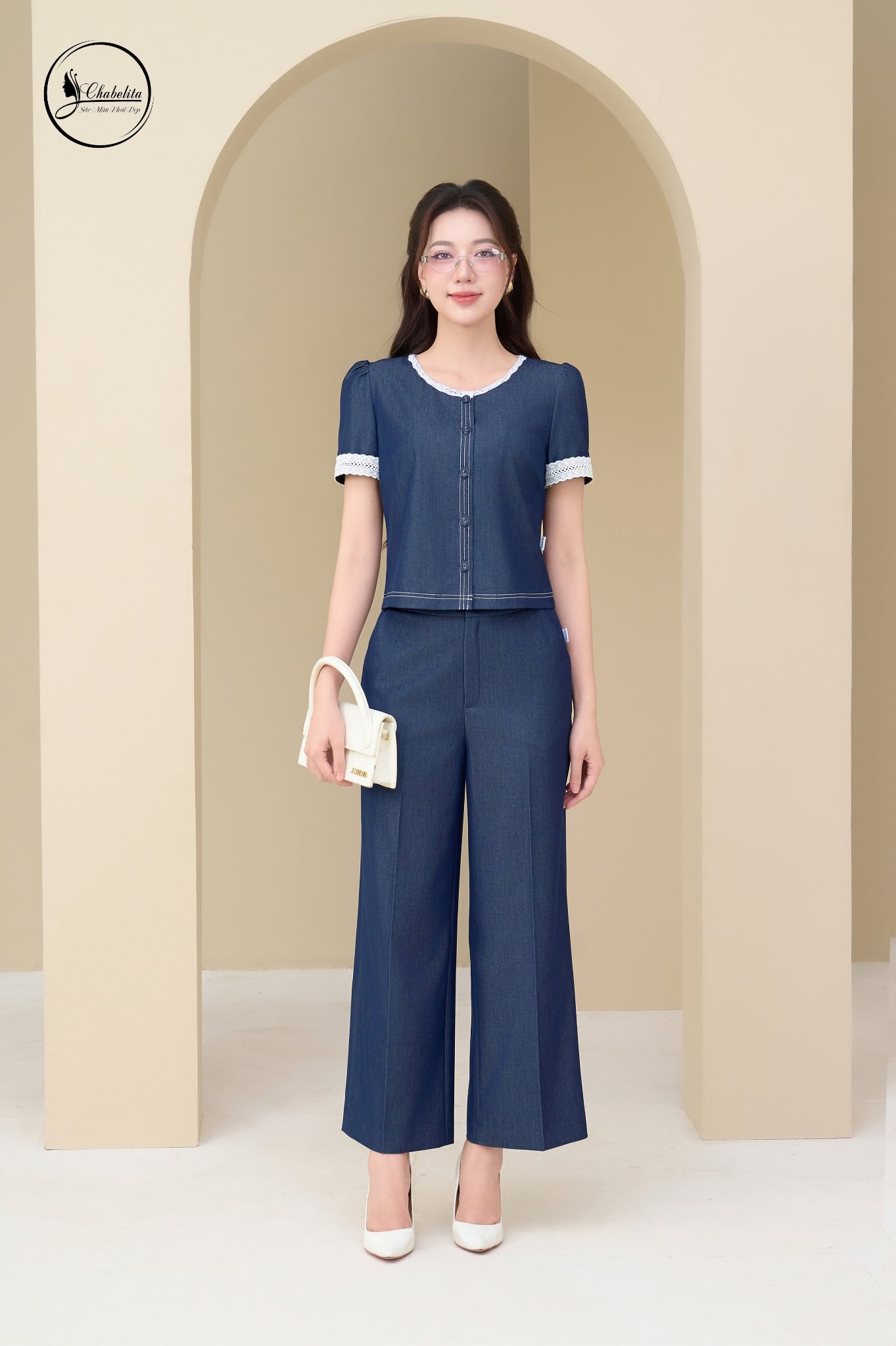 Sét bộ áo tay cộc phối viền màu xanh than