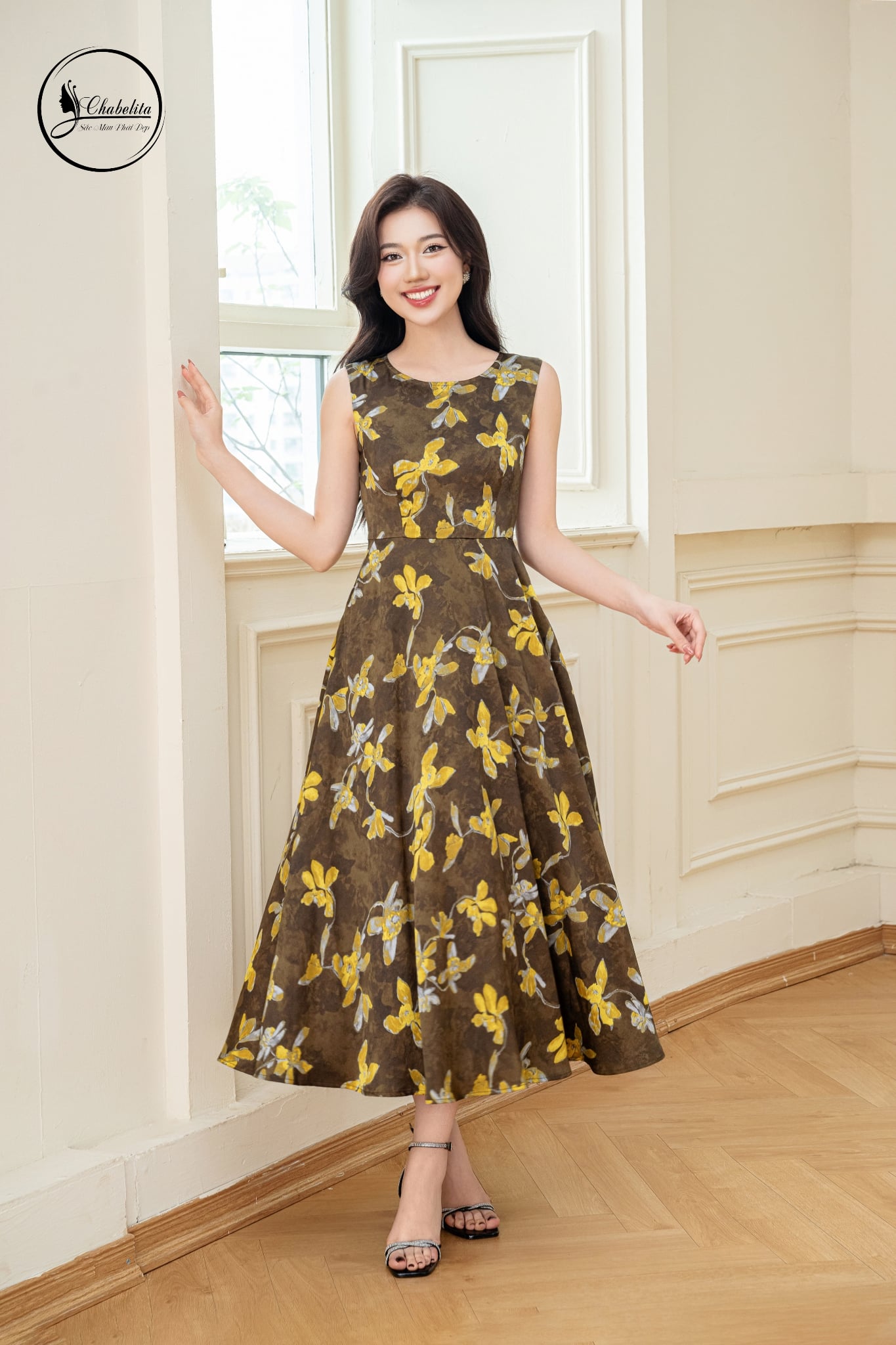 Đầm xòe sát nách màu vàng rêu