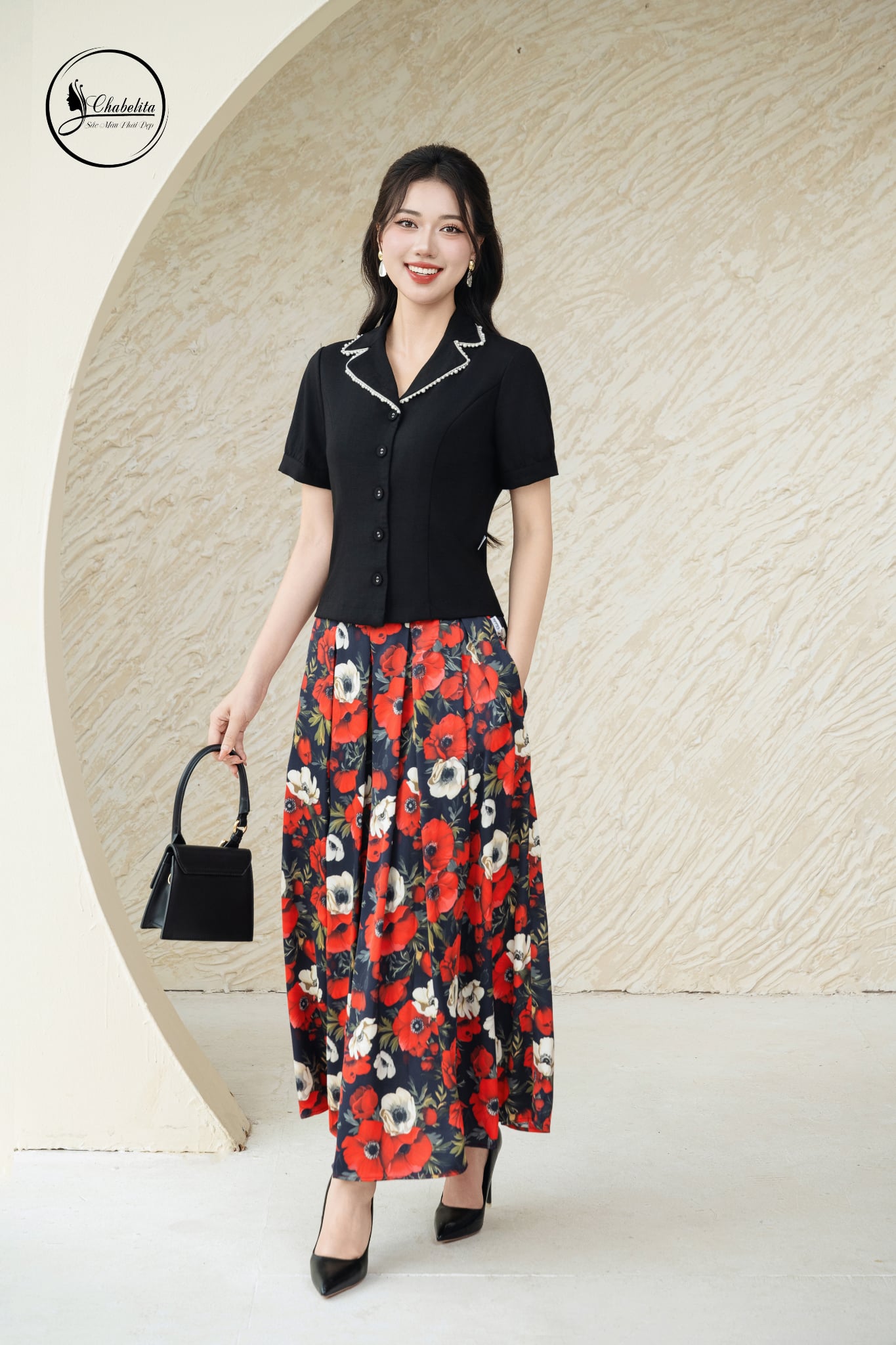 Áo sơ mi cổ vest phối viền màu đen