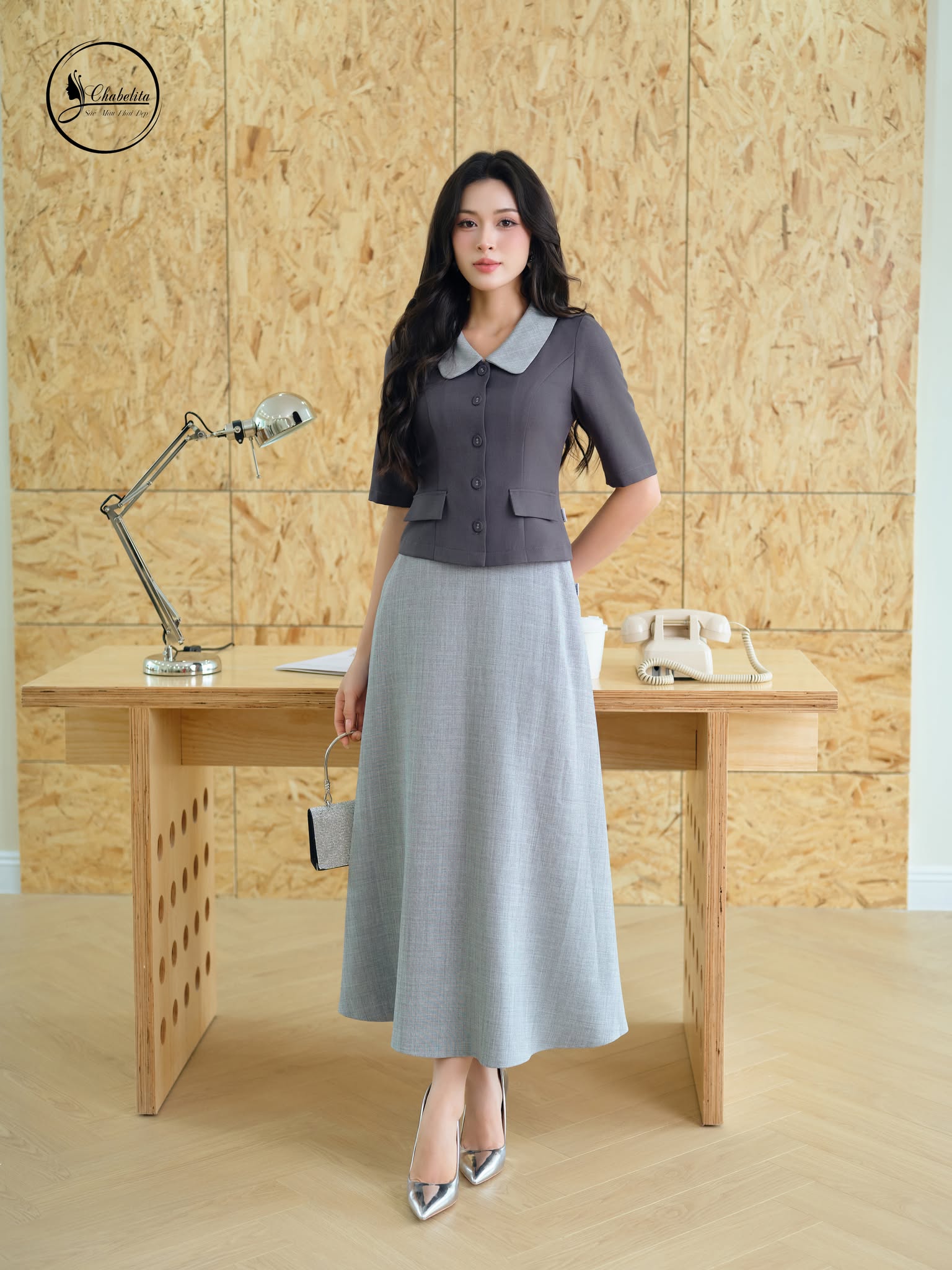 Sét bộ áo tay lỡ cổ phối màu ghi đậm